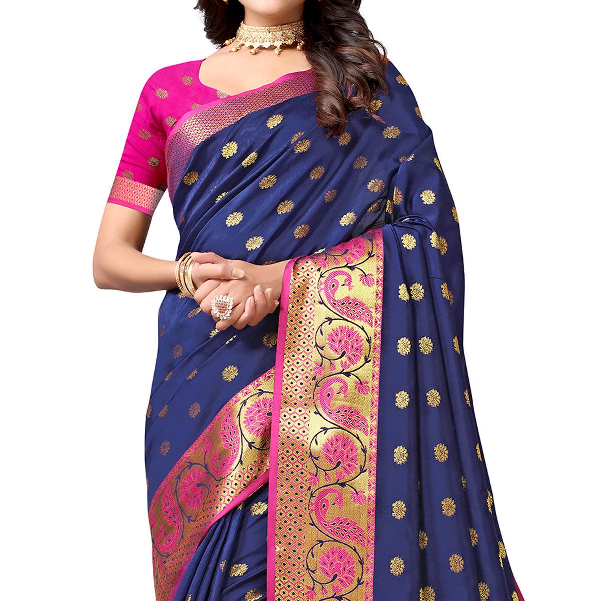 Navy Blue Woven Art Silk Saree - Peachmode