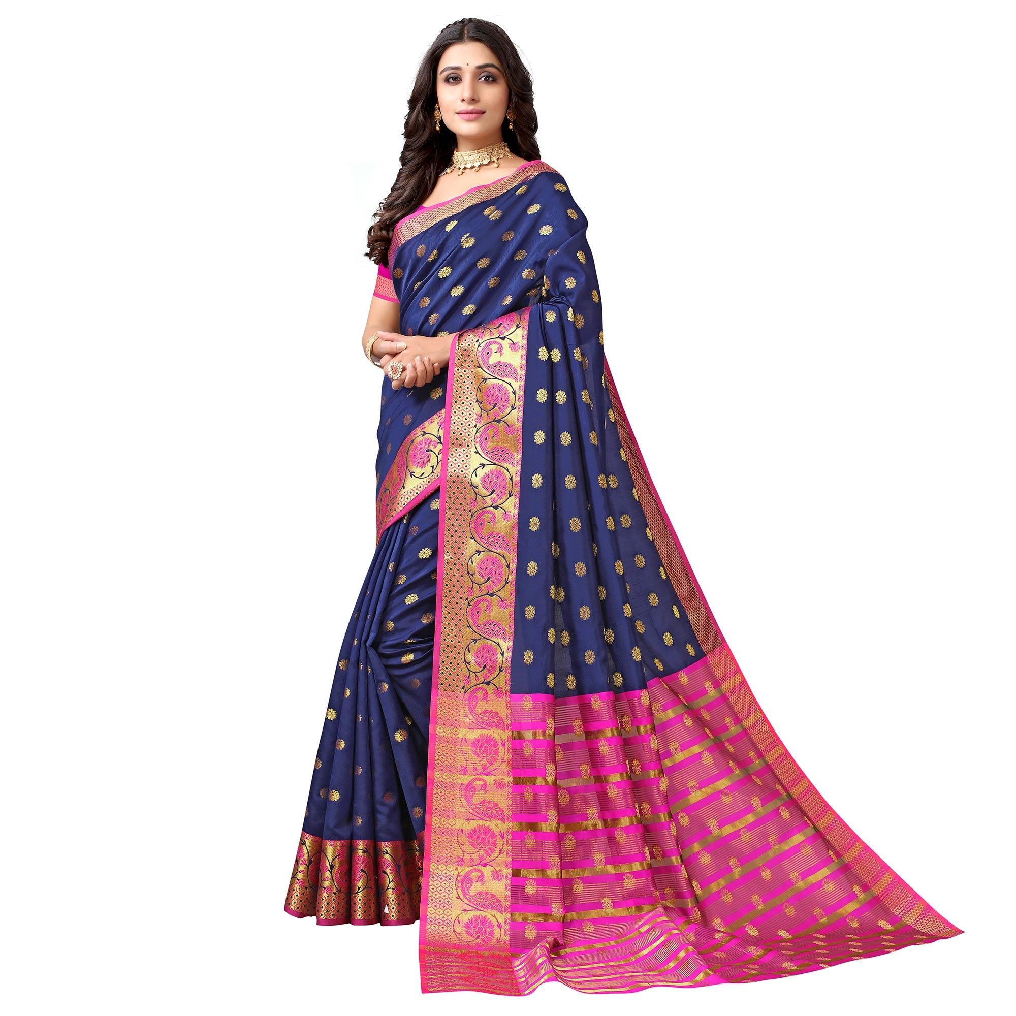 Navy Blue Woven Art Silk Saree - Peachmode