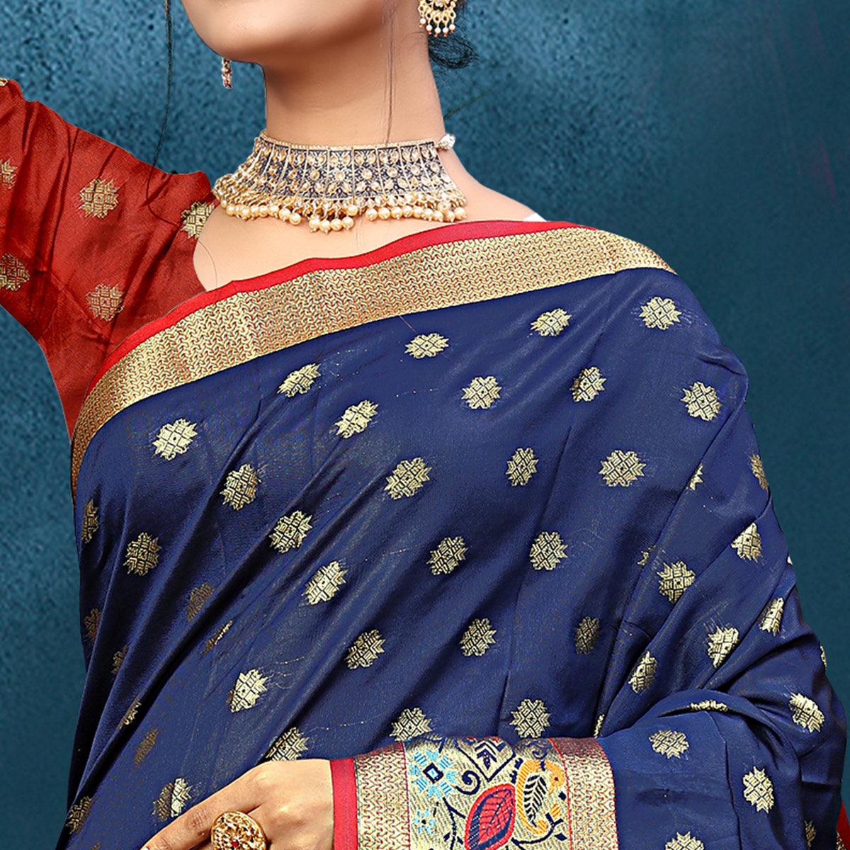 Navy Blue Woven Art Silk Saree - Peachmode