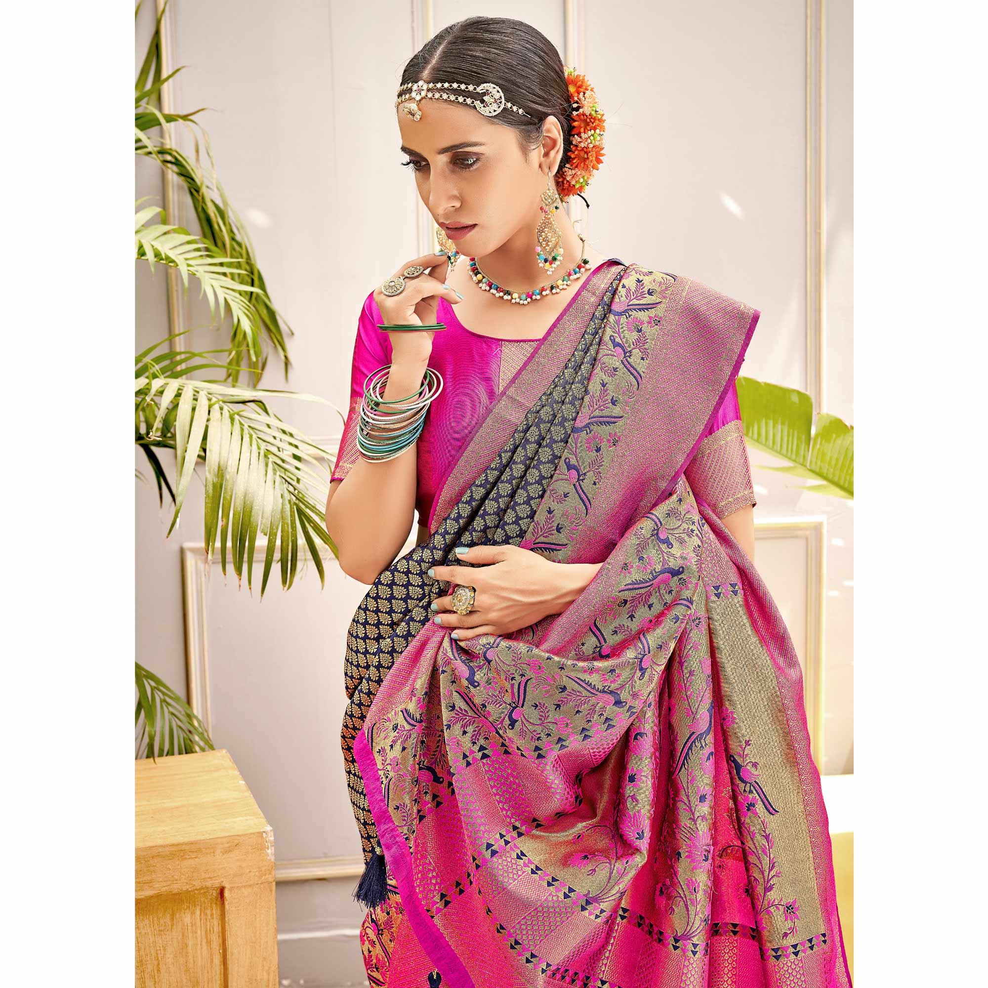 Navy Blue Woven Art Silk Saree - Peachmode