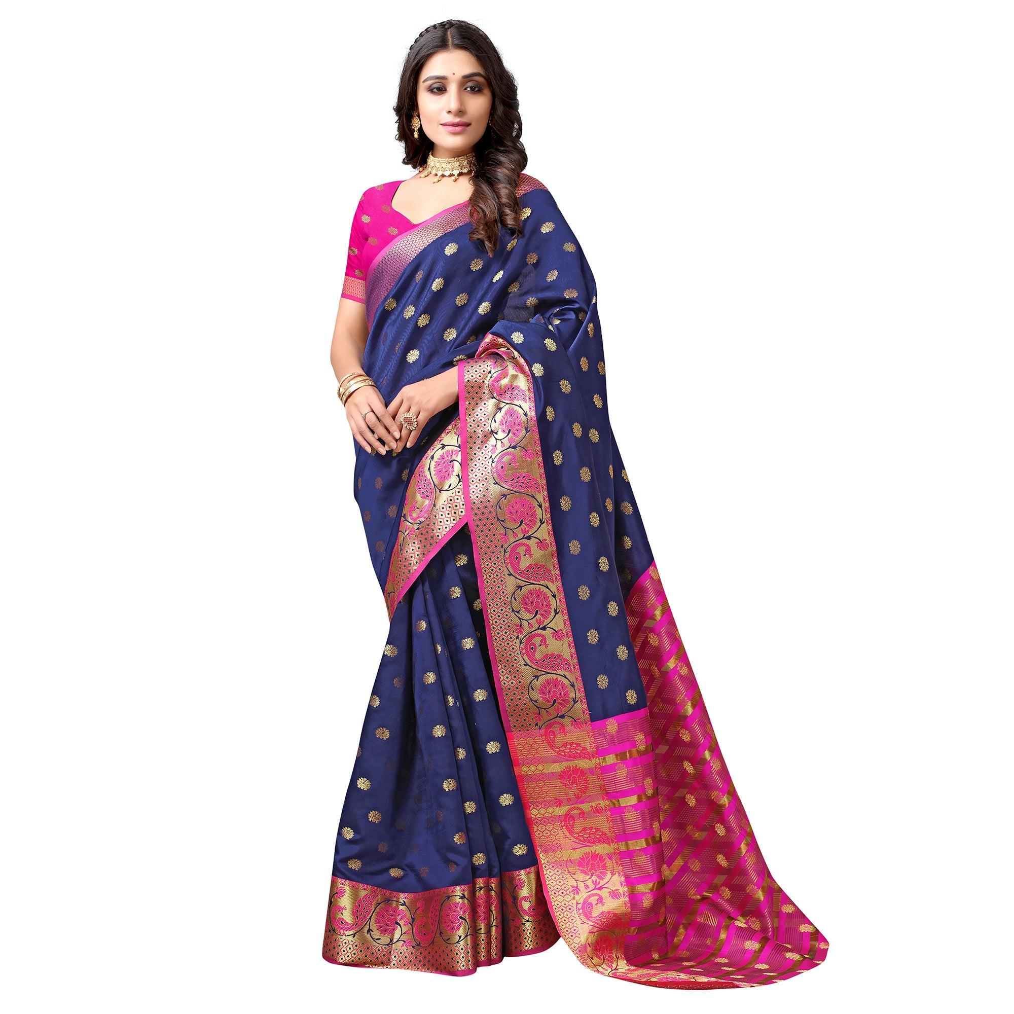 Navy Blue Woven Art Silk Saree - Peachmode