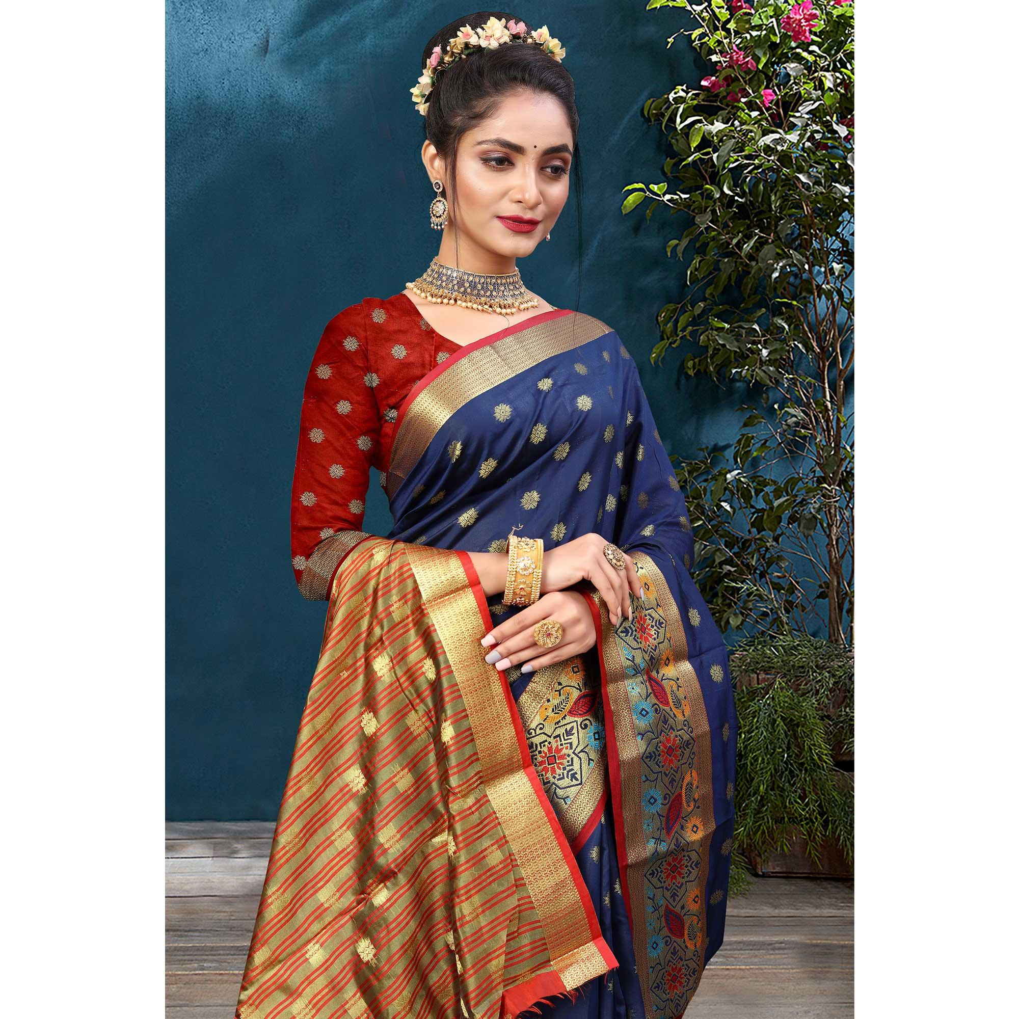 Navy Blue Woven Art Silk Saree - Peachmode