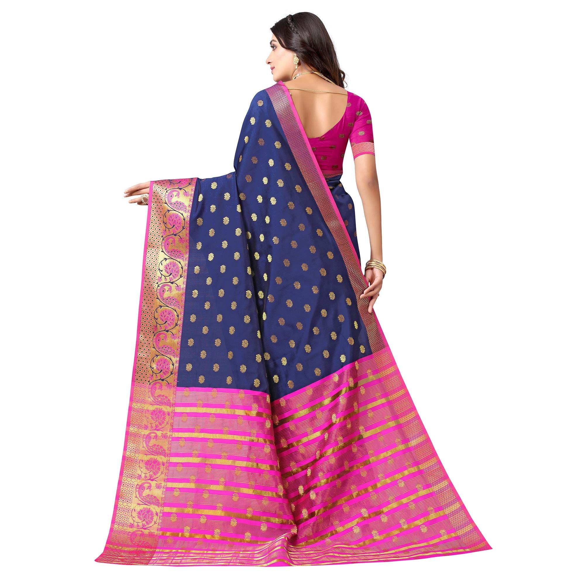 Navy Blue Woven Art Silk Saree - Peachmode