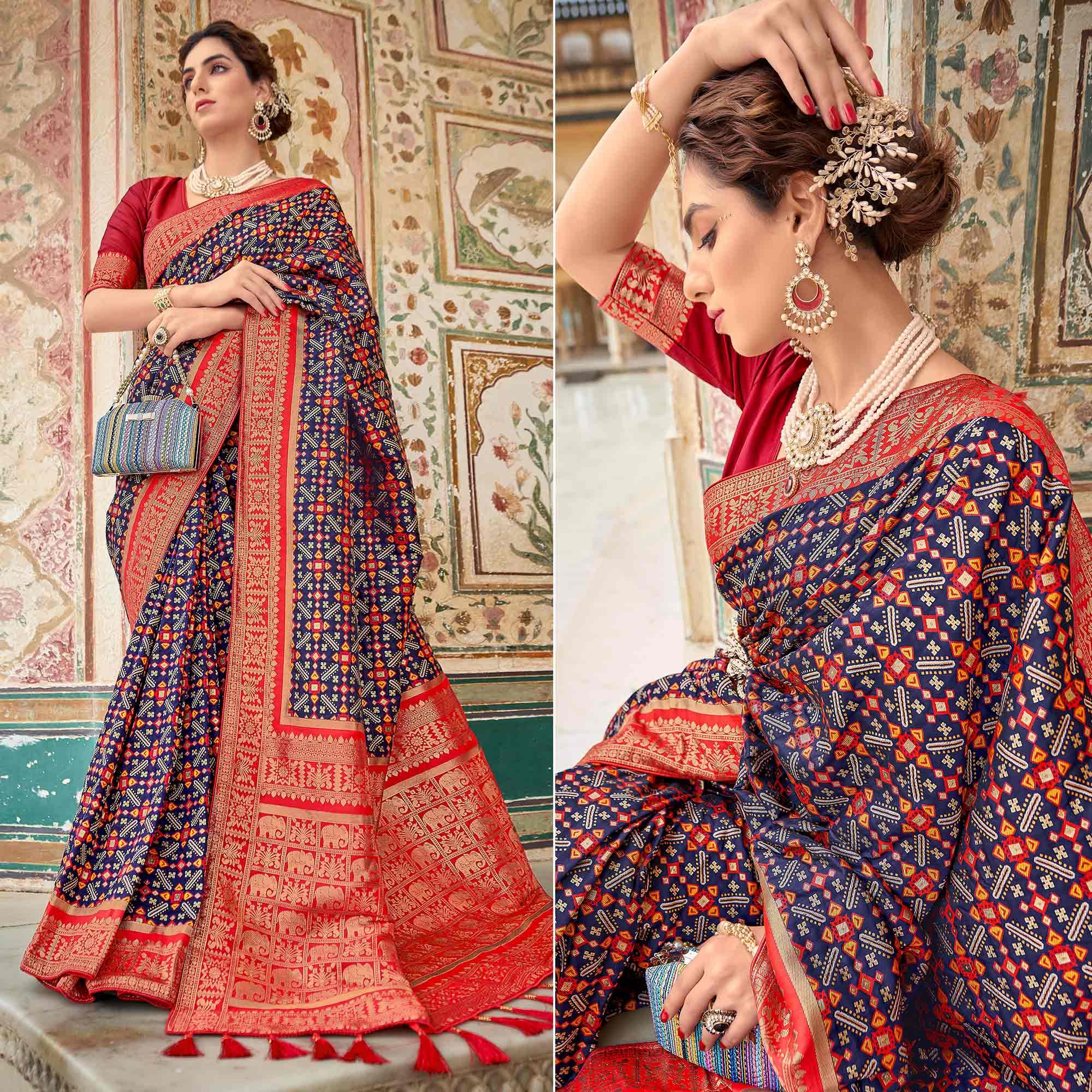 Navy Blue Woven Art Silk Saree With Tassels - Peachmode