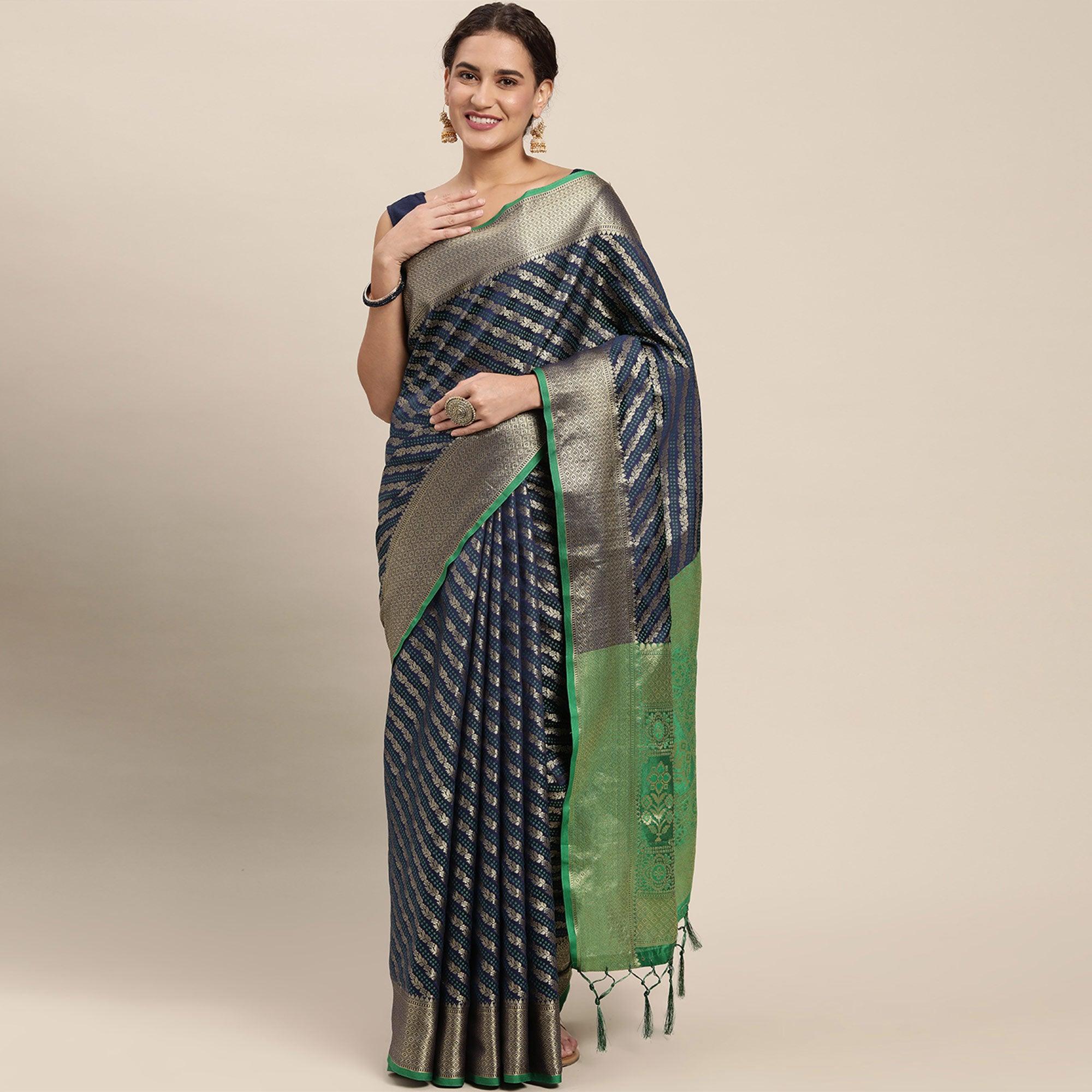 Navy Blue Woven Art Silk Saree with Tassels - Peachmode