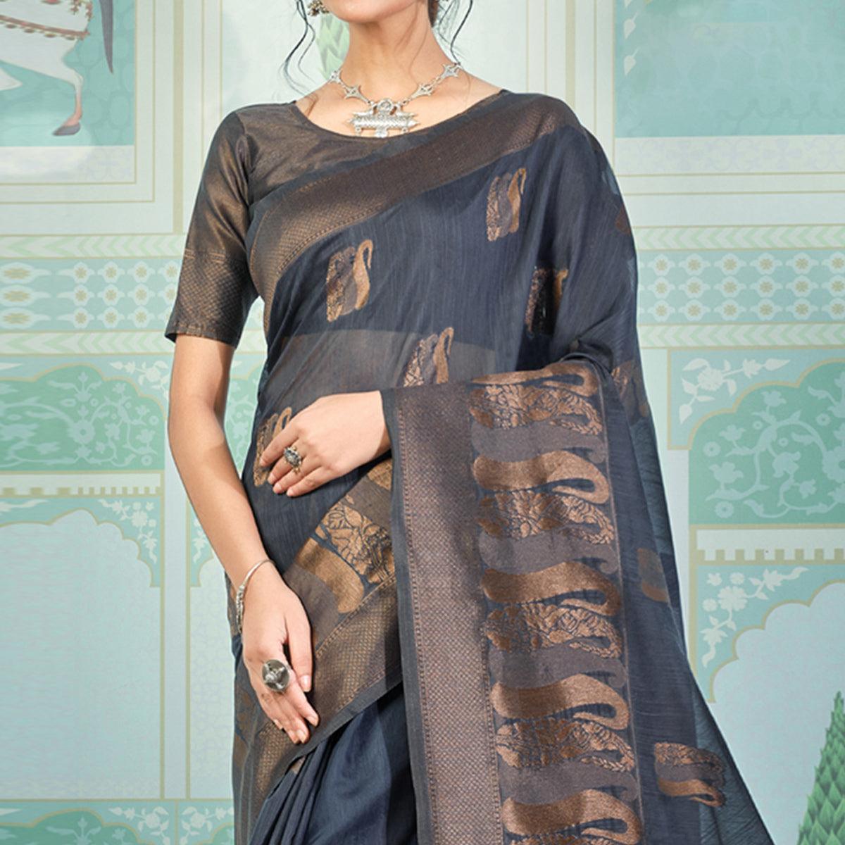 Navy Blue Woven Art Silk Saree With Tassels - Peachmode