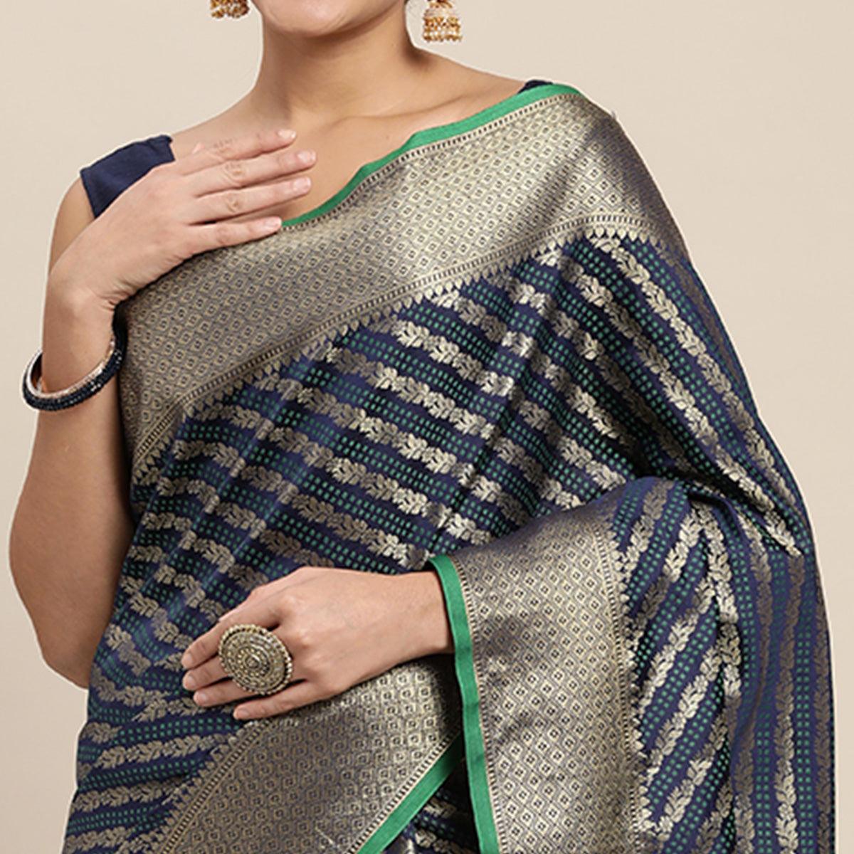 Navy Blue Woven Art Silk Saree with Tassels - Peachmode