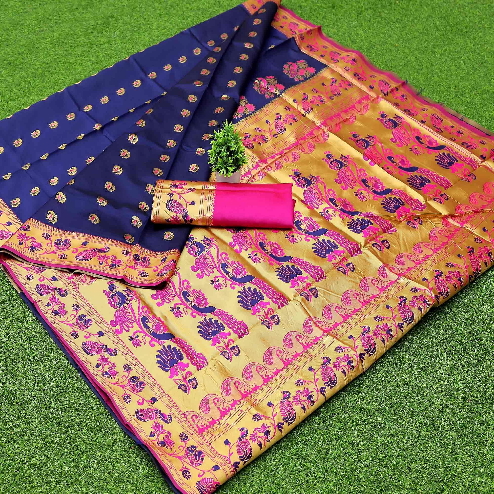 Navy Blue Woven Banarasi Silk Paithani Saree - Peachmode
