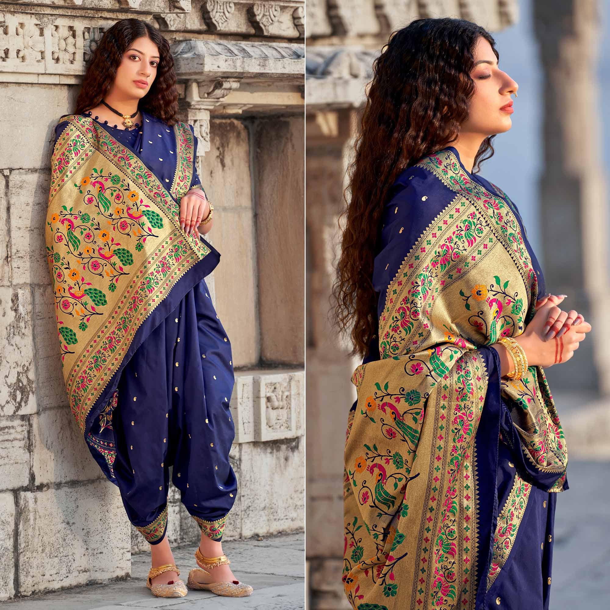 Navy Blue Woven Banarasi Silk Paithani Saree - Peachmode