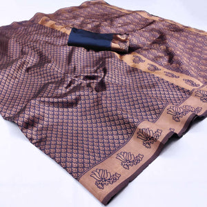 Navy Blue Woven Banarasi Silk Saree - Peachmode