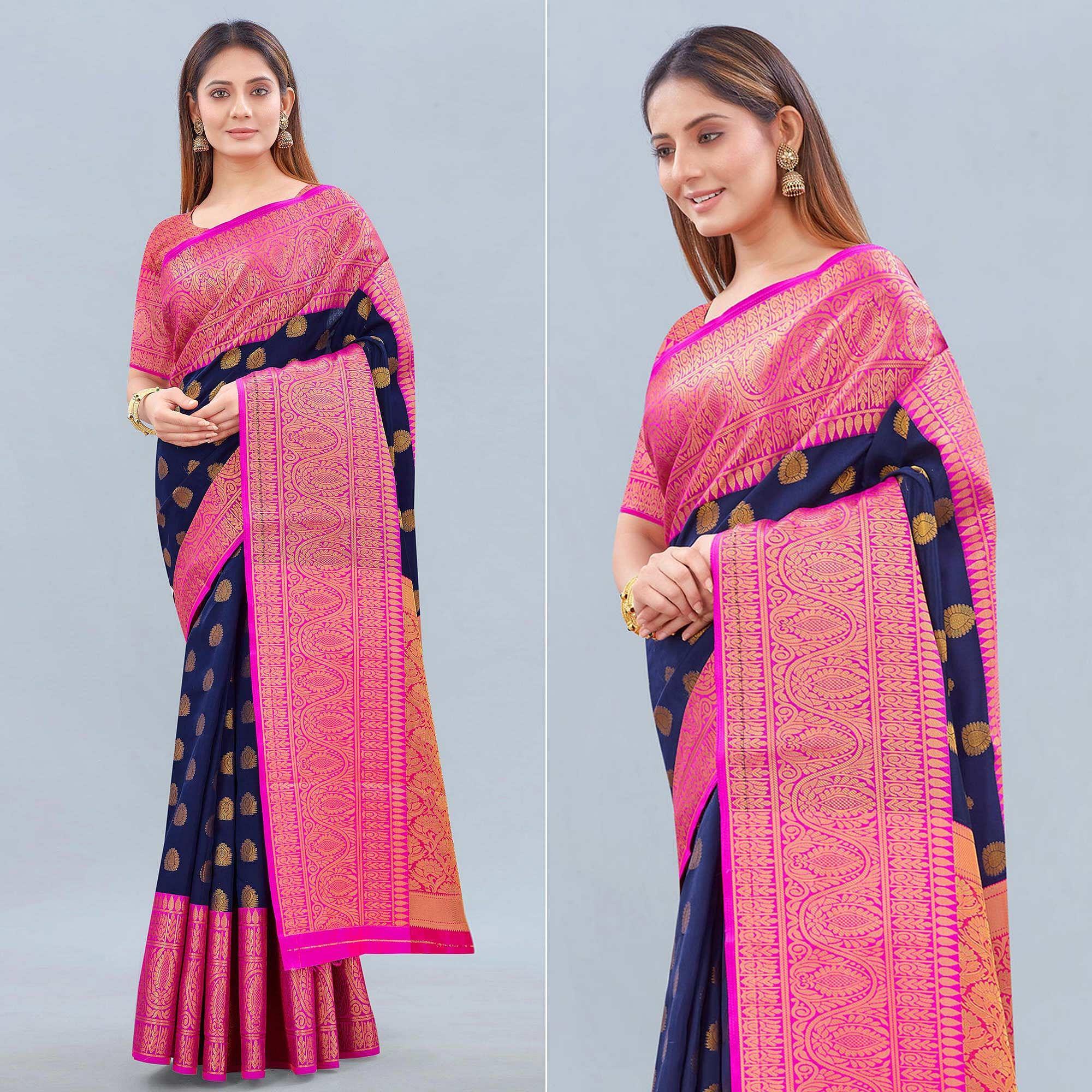 Navy Blue Woven Banarasi Silk Saree - Peachmode