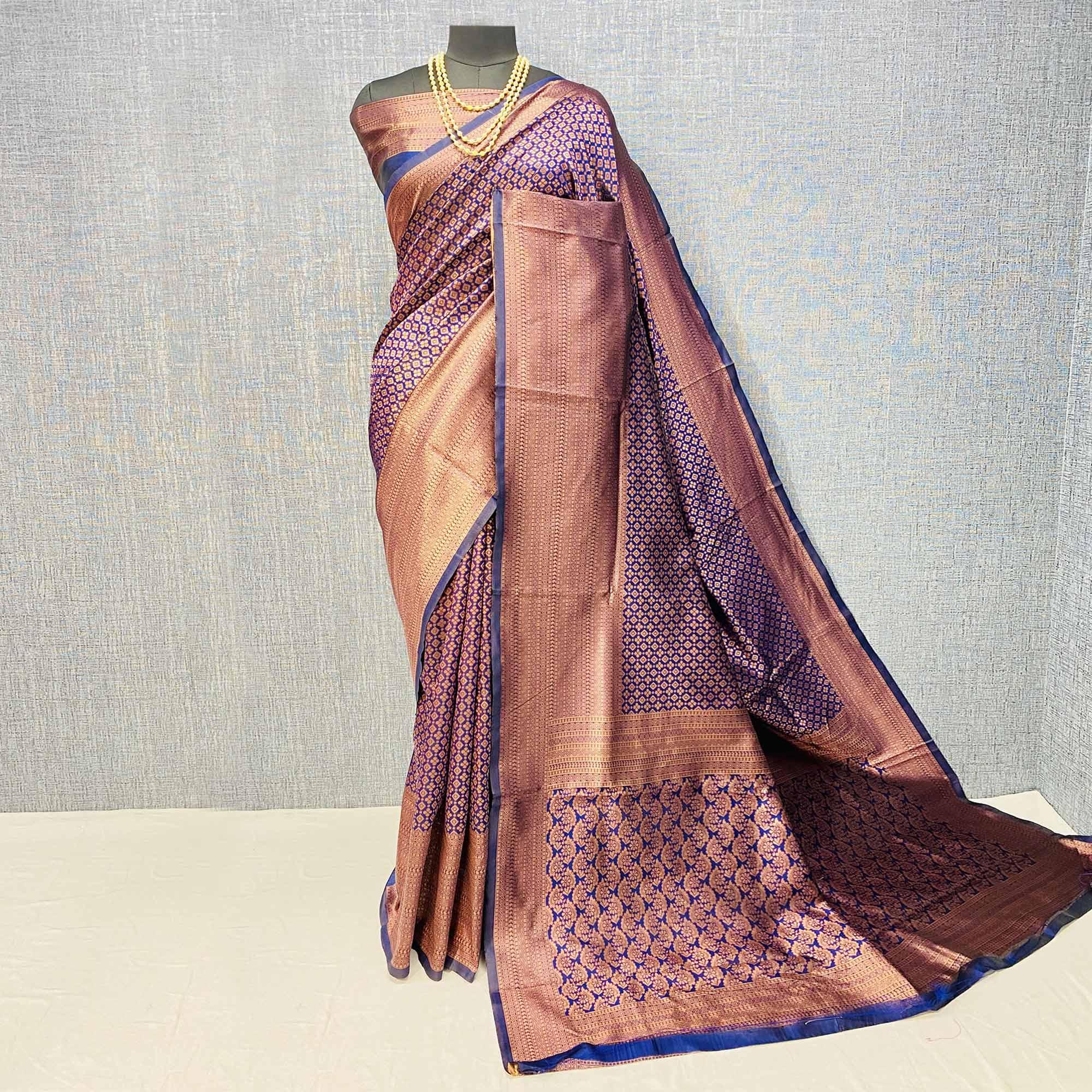 Navy Blue Woven Banarasi Silk Saree - Peachmode