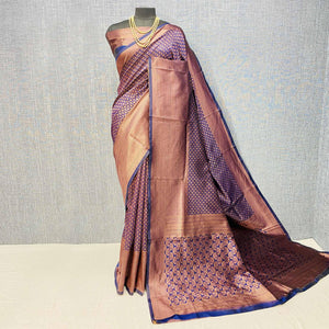 Navy Blue Woven Banarasi Silk Saree - Peachmode