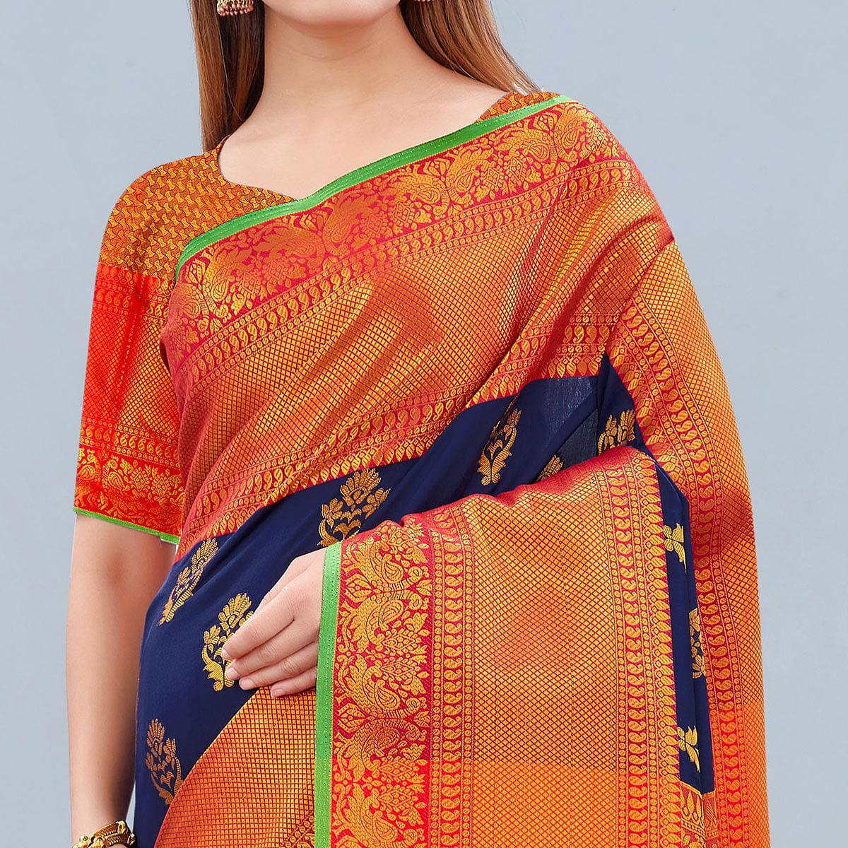 Navy Blue Woven Banarasi Silk Saree - Peachmode