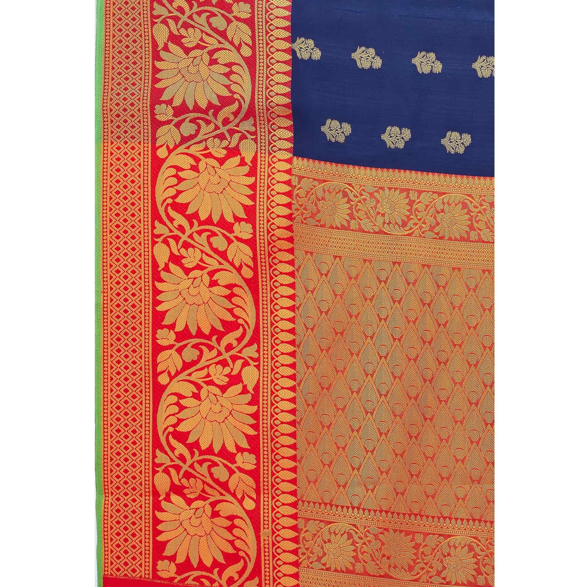Navy Blue Woven Banarasi Silk Saree - Peachmode