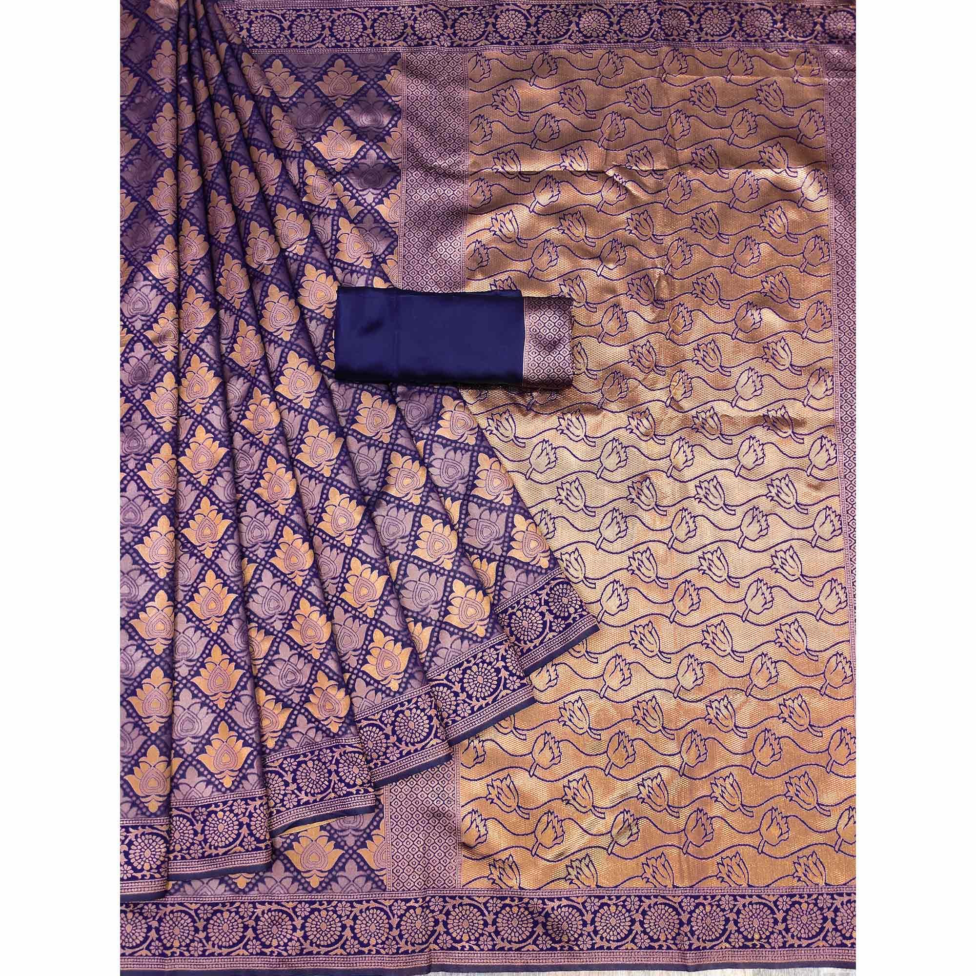 Navy Blue Woven Banarasi Silk Saree - Peachmode