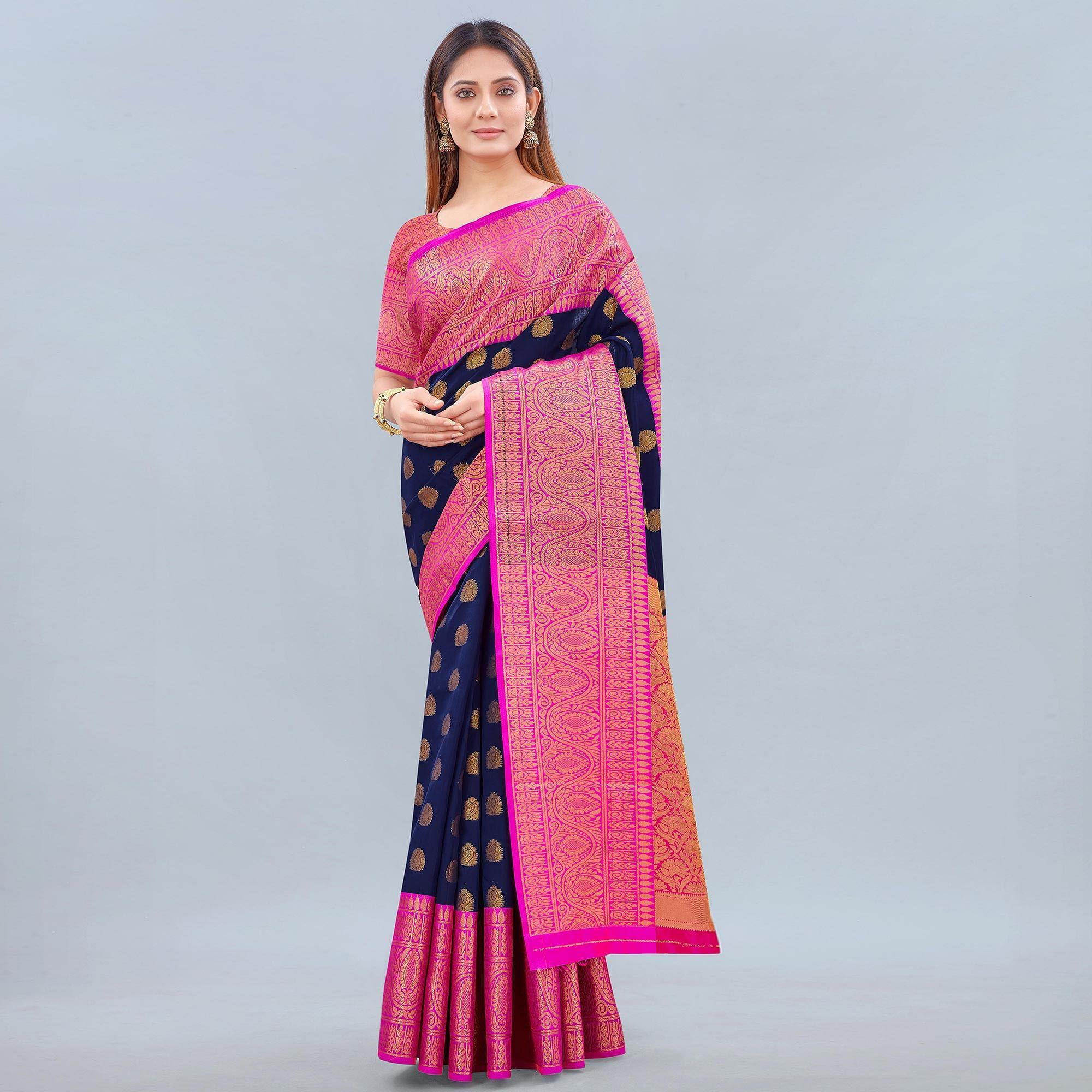 Navy Blue Woven Banarasi Silk Saree - Peachmode