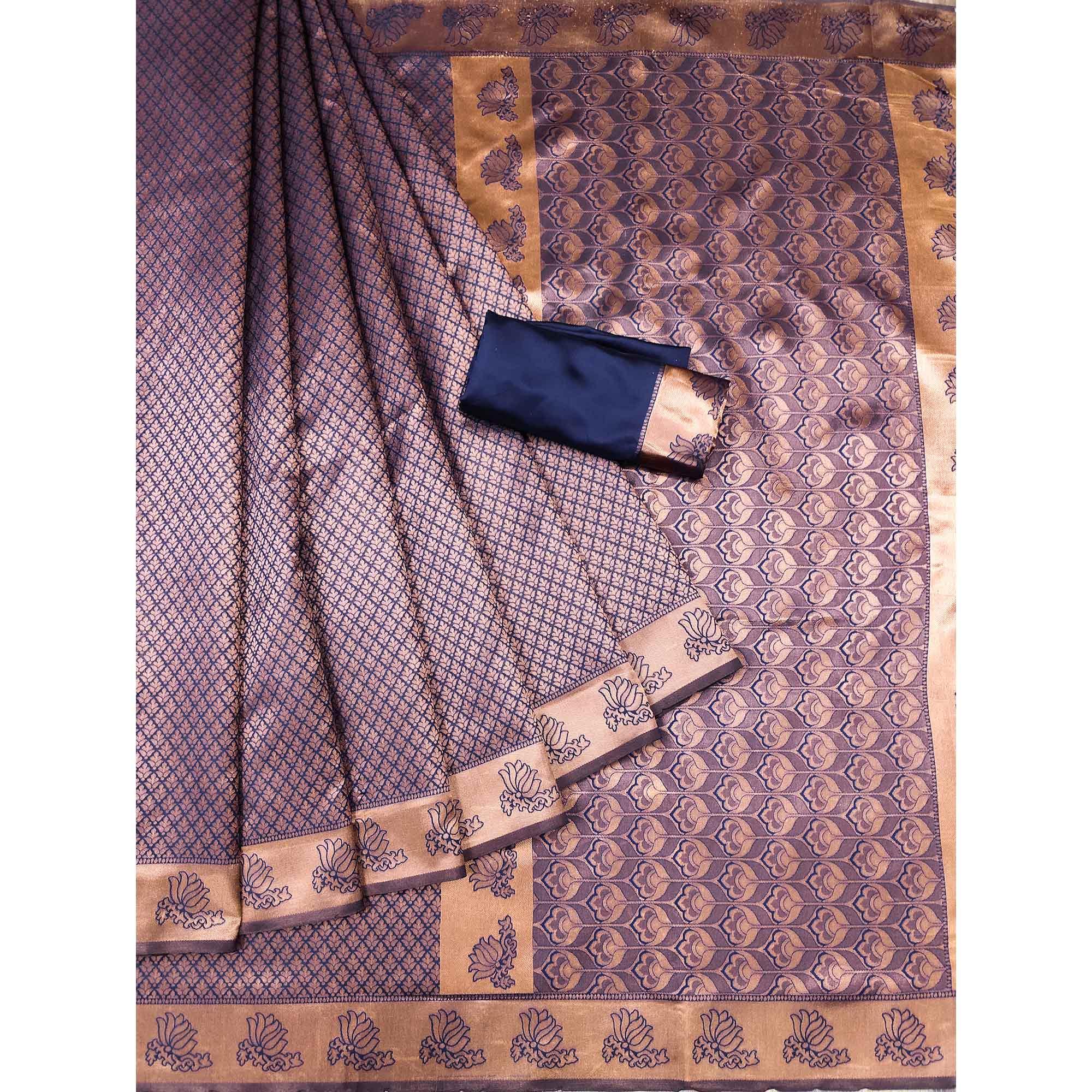 Navy Blue Woven Banarasi Silk Saree - Peachmode