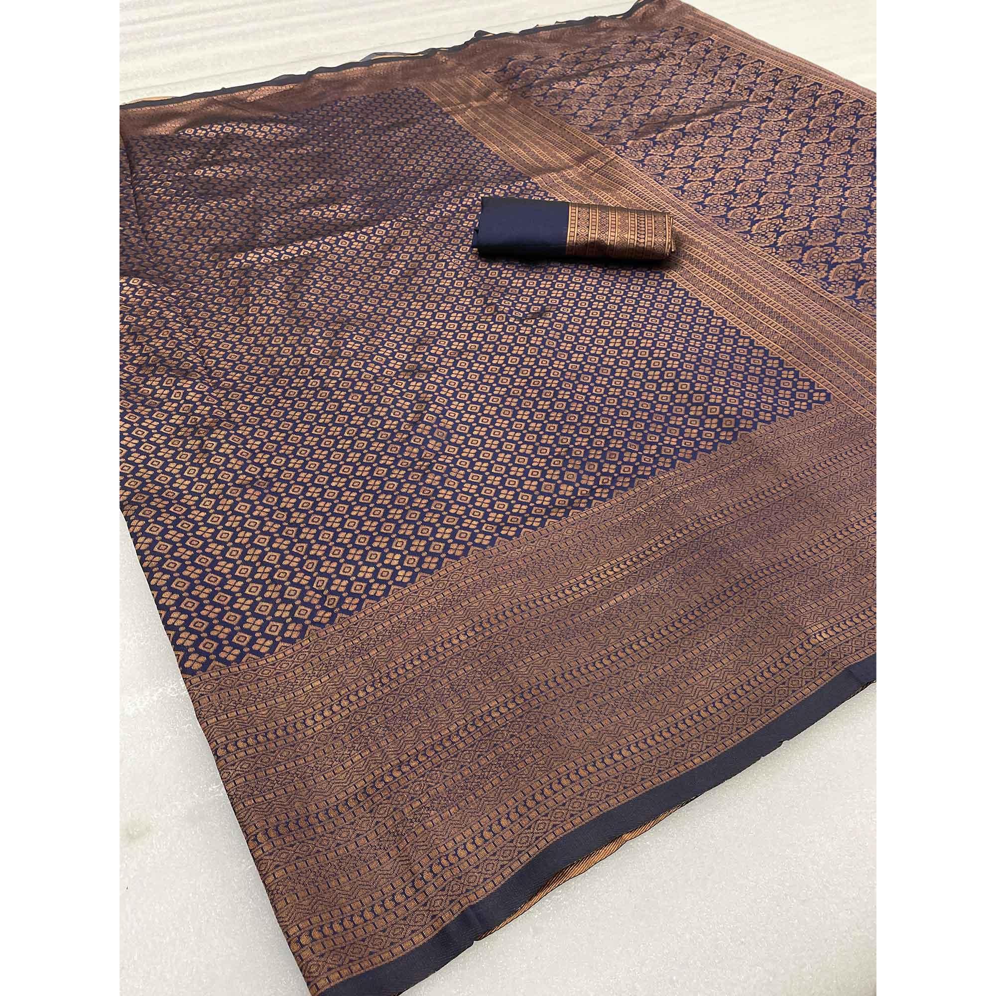 Navy Blue Woven Banarasi Silk Saree - Peachmode