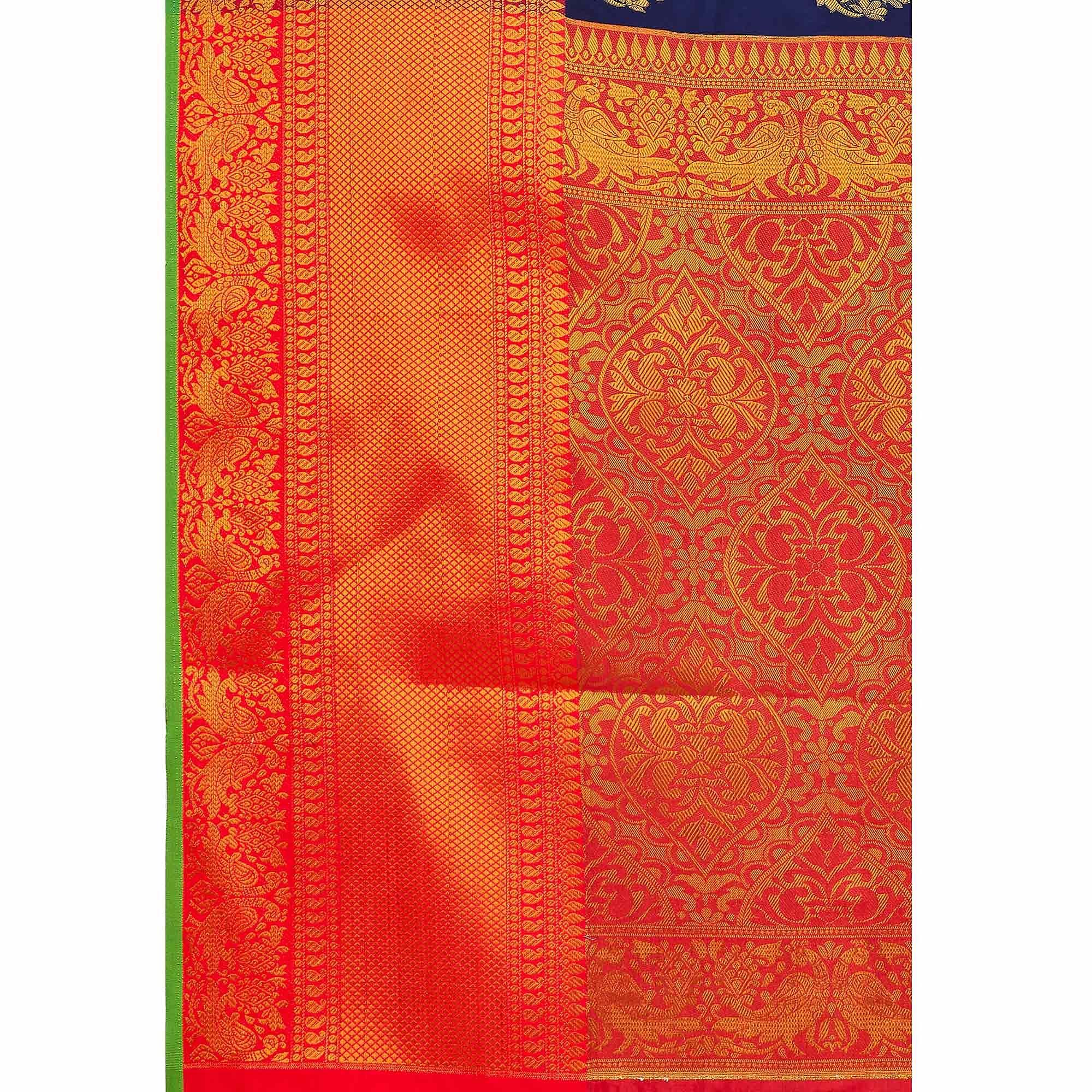 Navy Blue Woven Banarasi Silk Saree - Peachmode