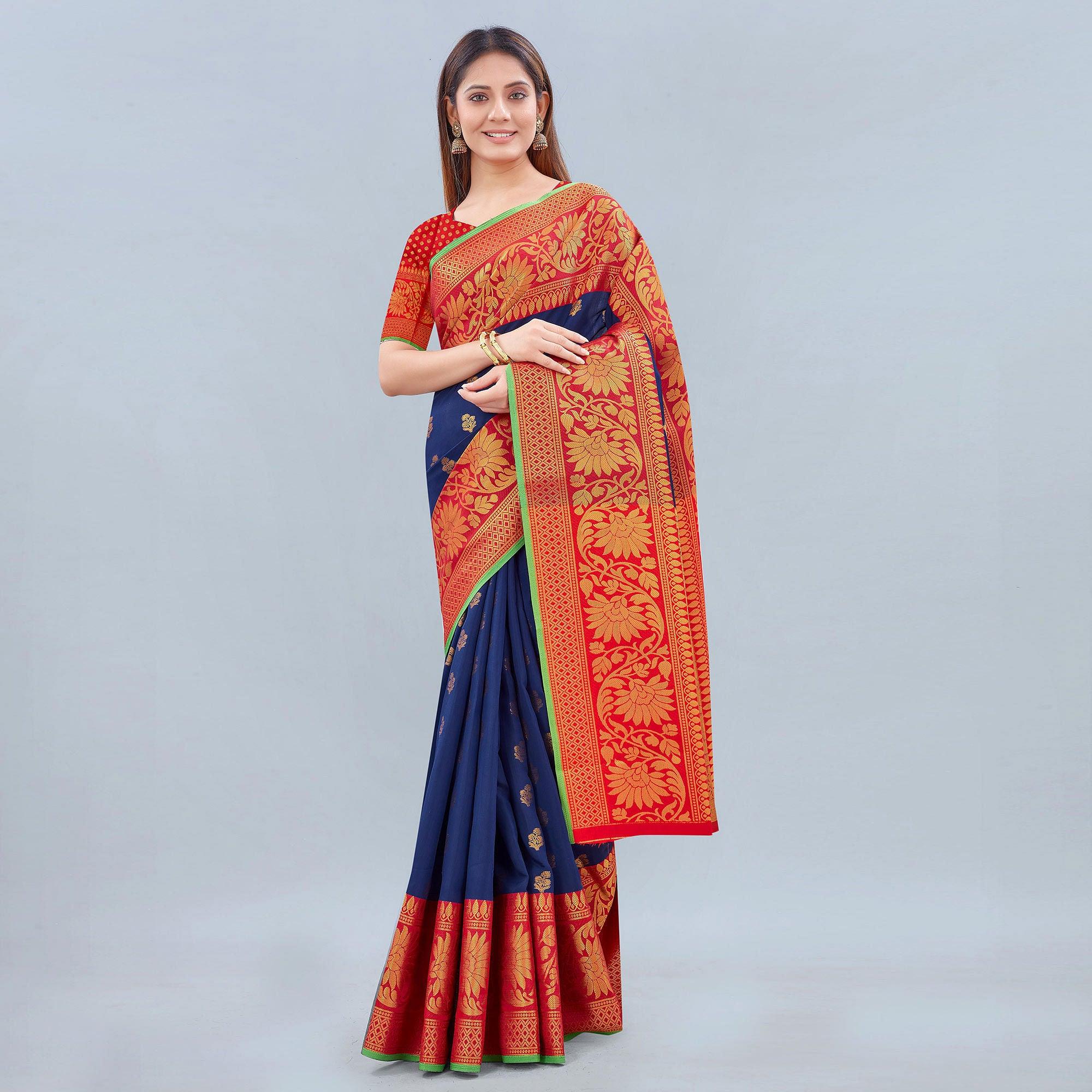 Navy Blue Woven Banarasi Silk Saree - Peachmode