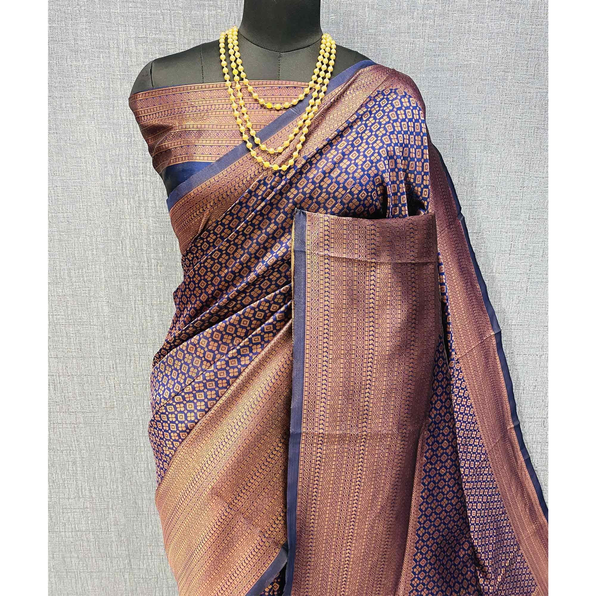 Navy Blue Woven Banarasi Silk Saree - Peachmode