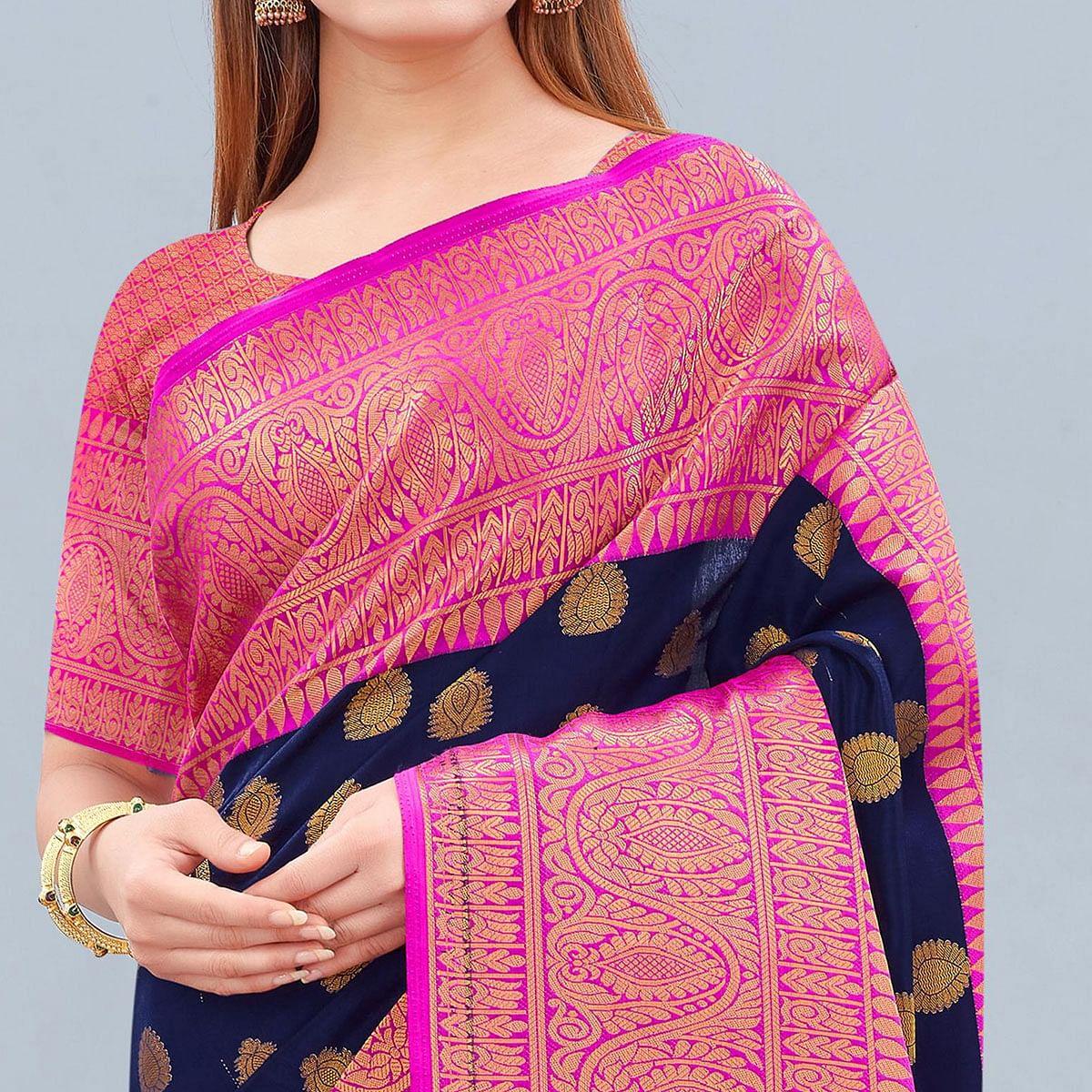Navy Blue Woven Banarasi Silk Saree - Peachmode