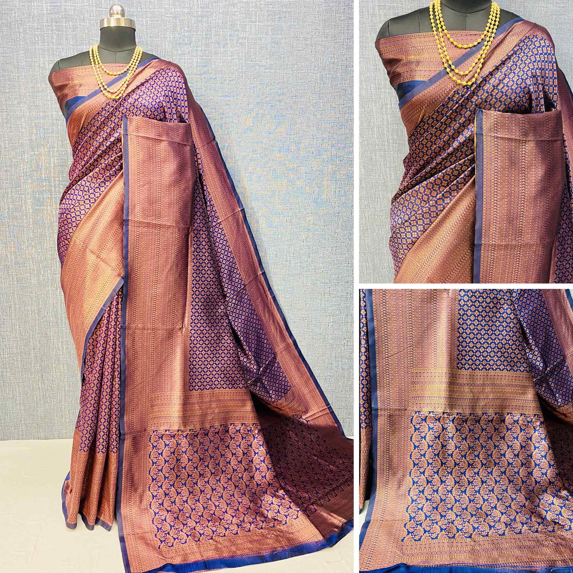 Navy Blue Woven Banarasi Silk Saree - Peachmode