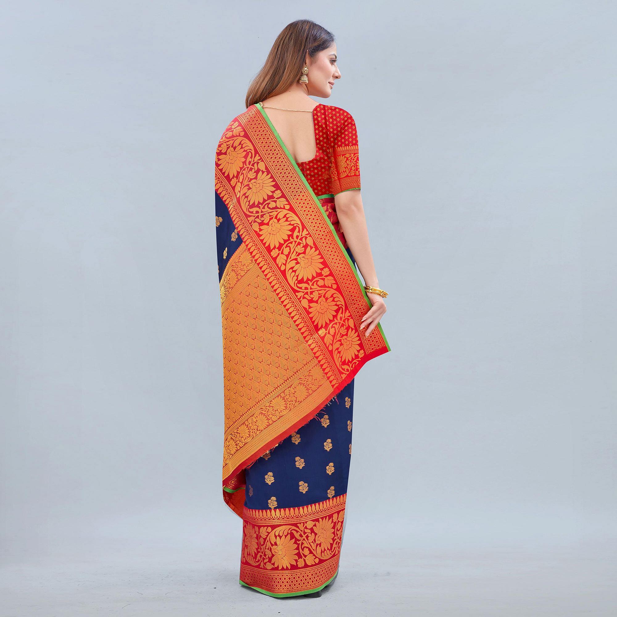 Navy Blue Woven Banarasi Silk Saree - Peachmode