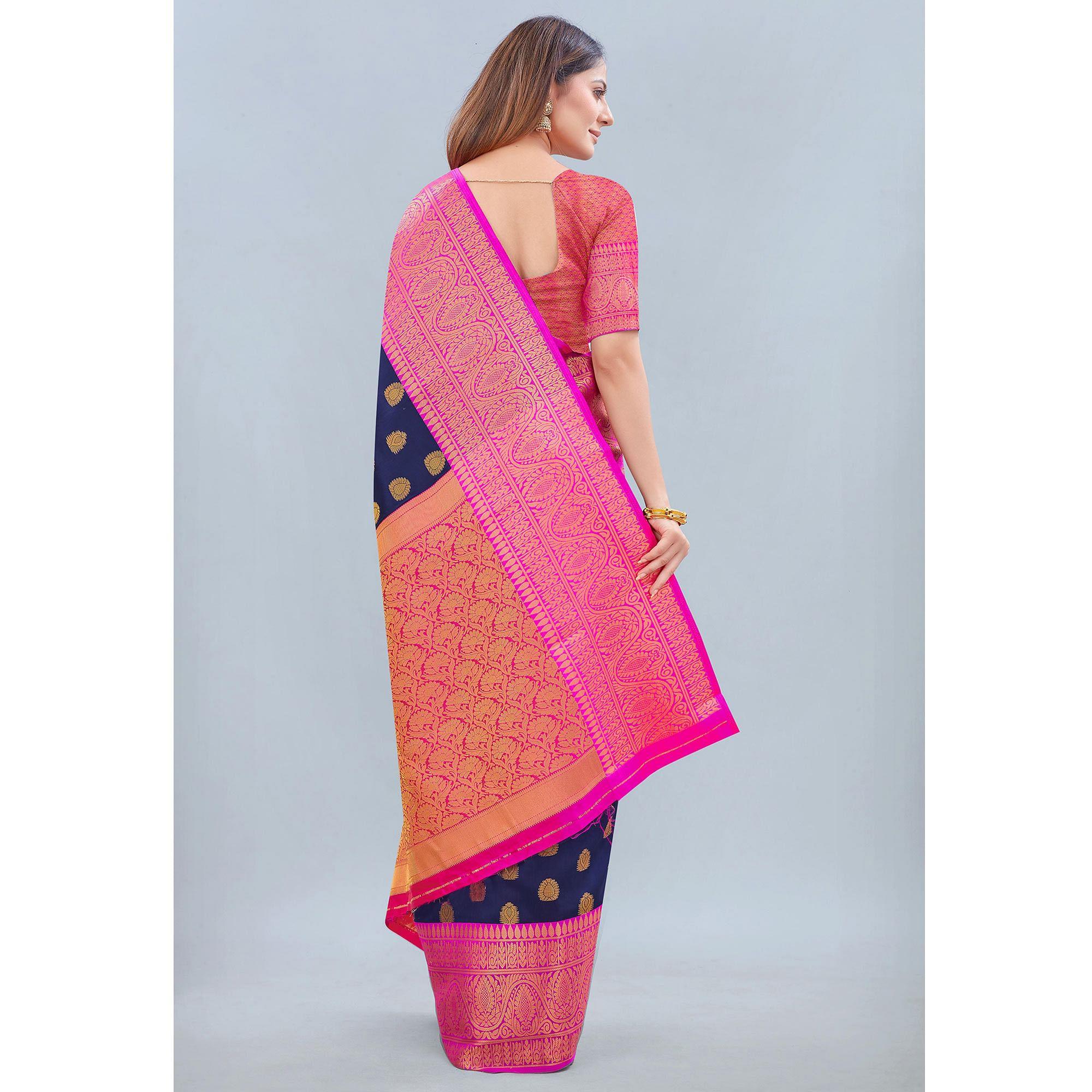 Navy Blue Woven Banarasi Silk Saree - Peachmode