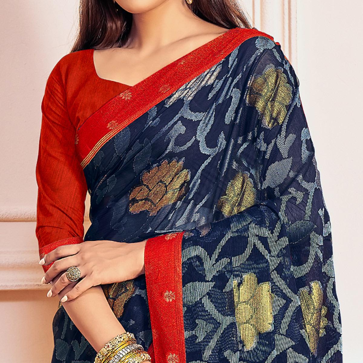 Navy Blue Woven Brasso Saree - Peachmode