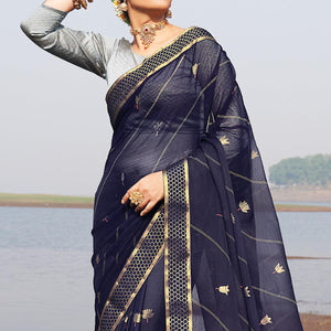 Navy Blue Woven Chiffon Saree - Peachmode