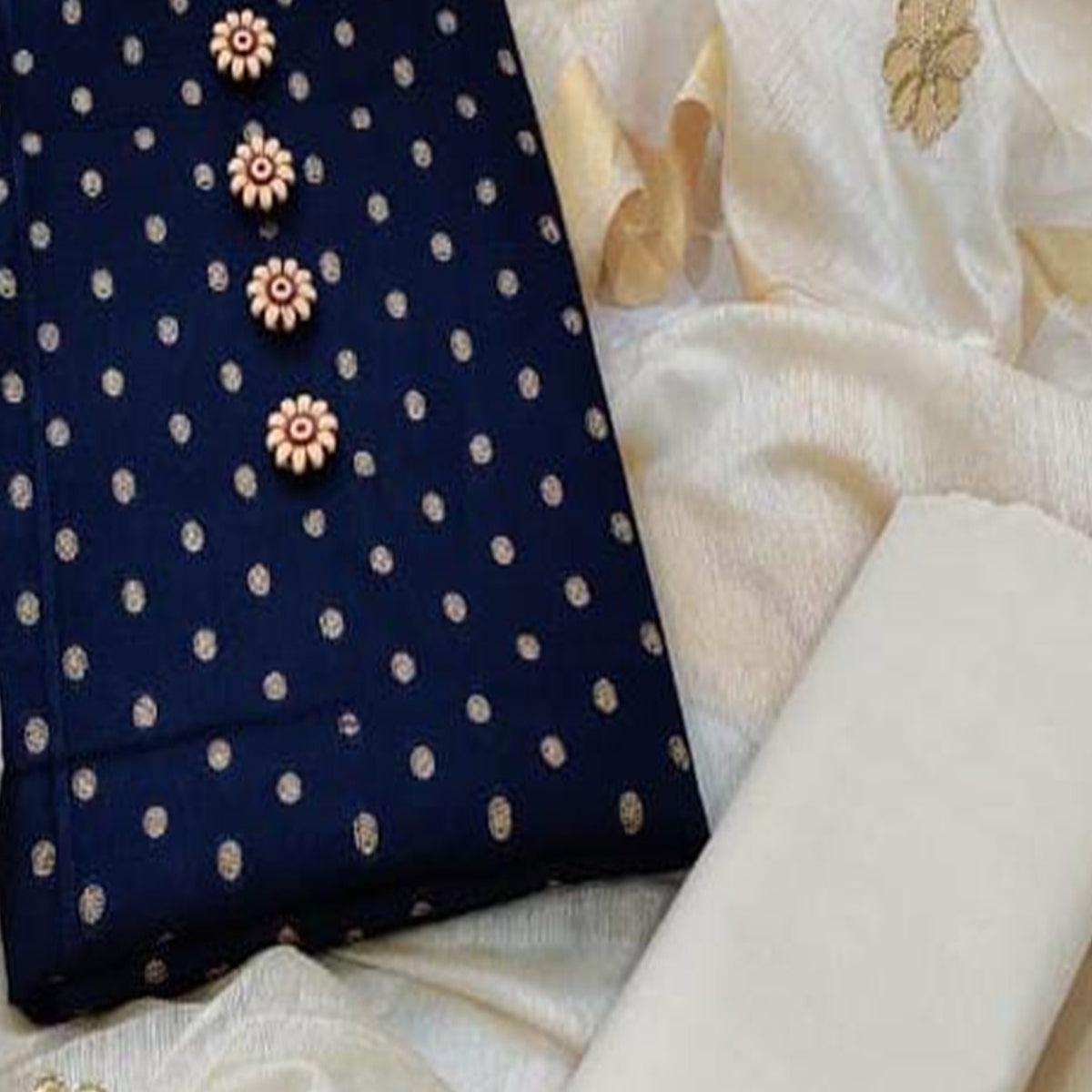 Navy Blue Woven Cotton Blend Dress Material - Peachmode