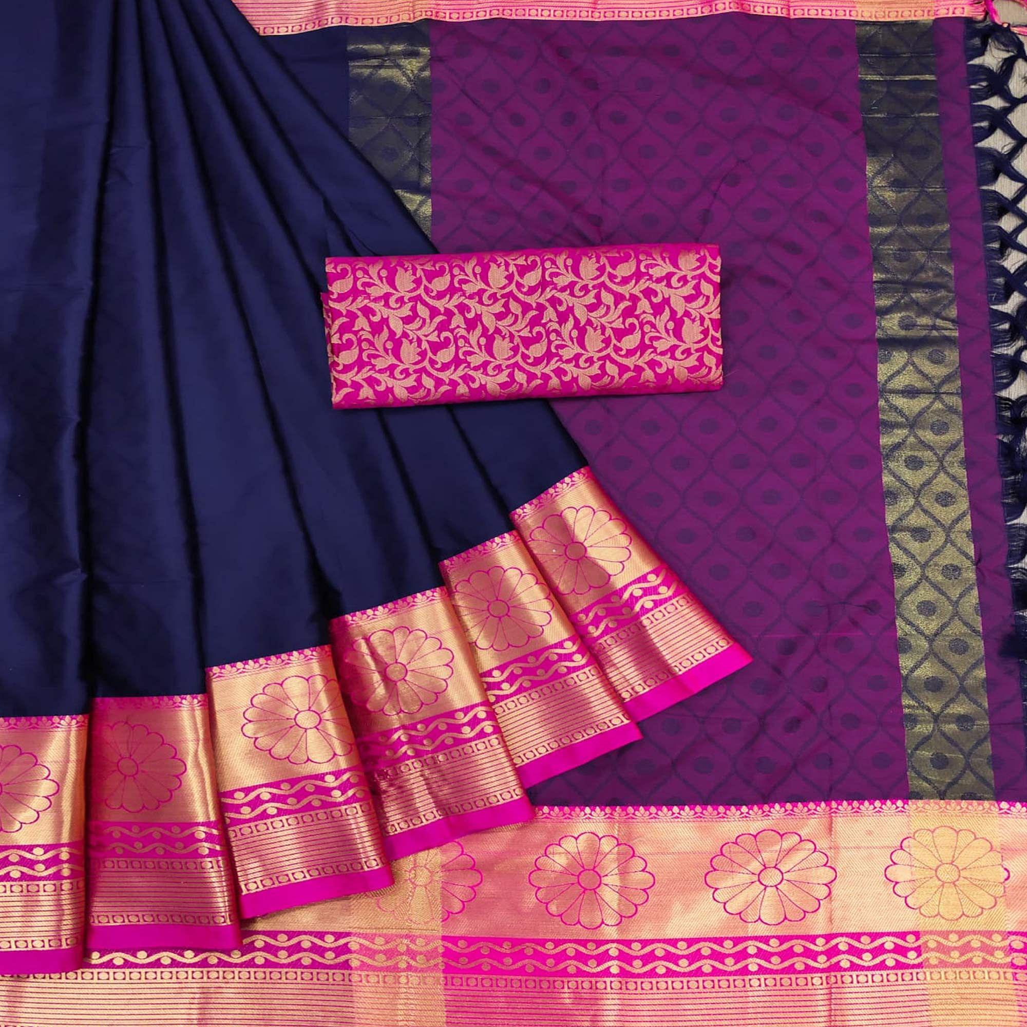 Navy Blue Woven Cotton Silk Saree - Peachmode