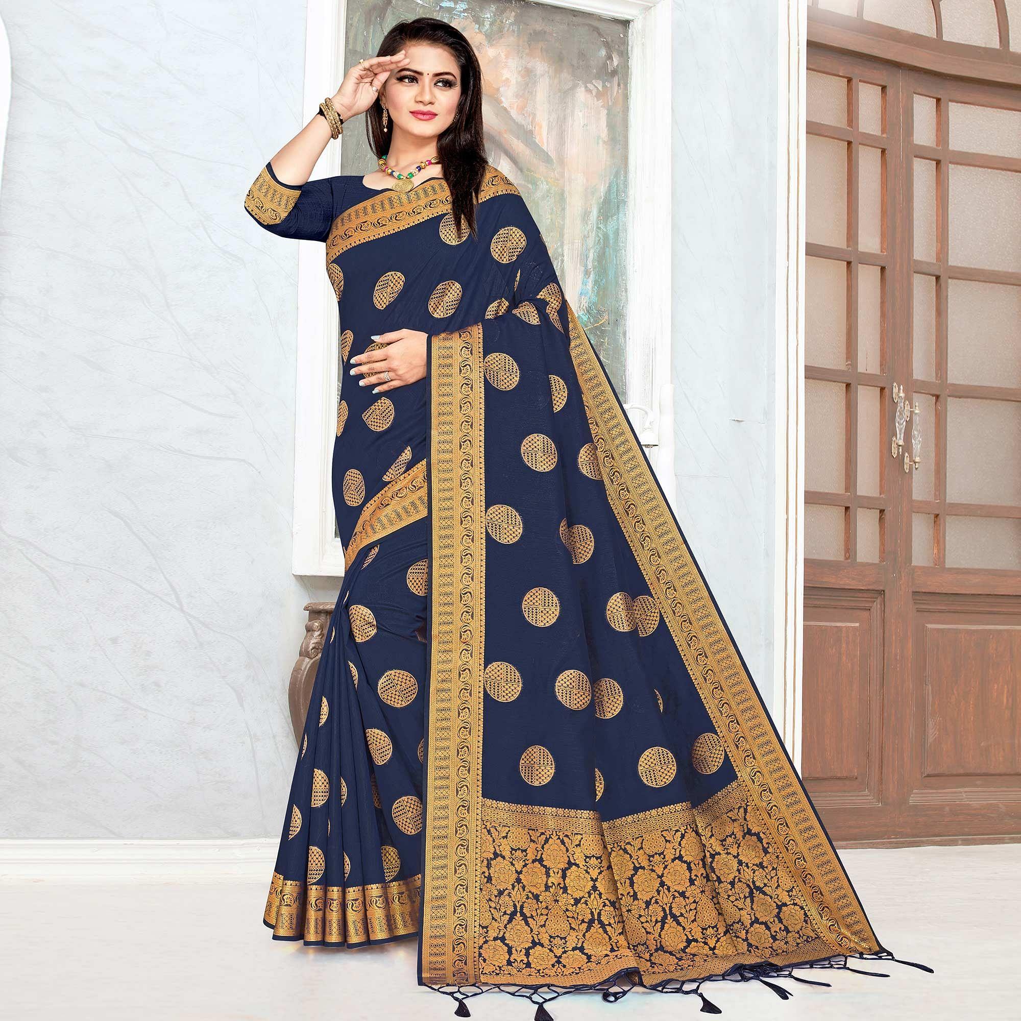 Navy Blue Woven Cotton Silk Saree - Peachmode