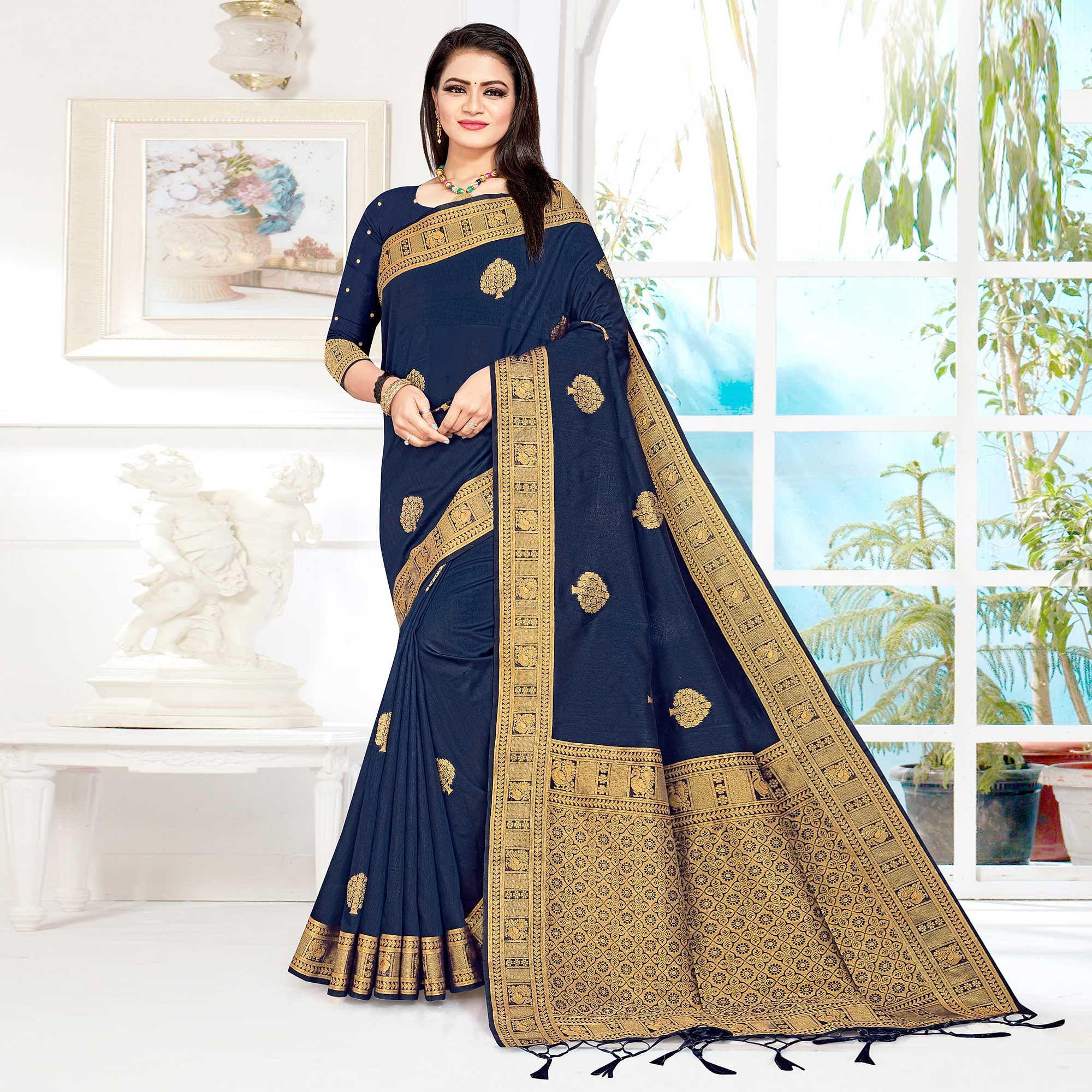 Navy Blue Woven Cotton Silk Saree - Peachmode