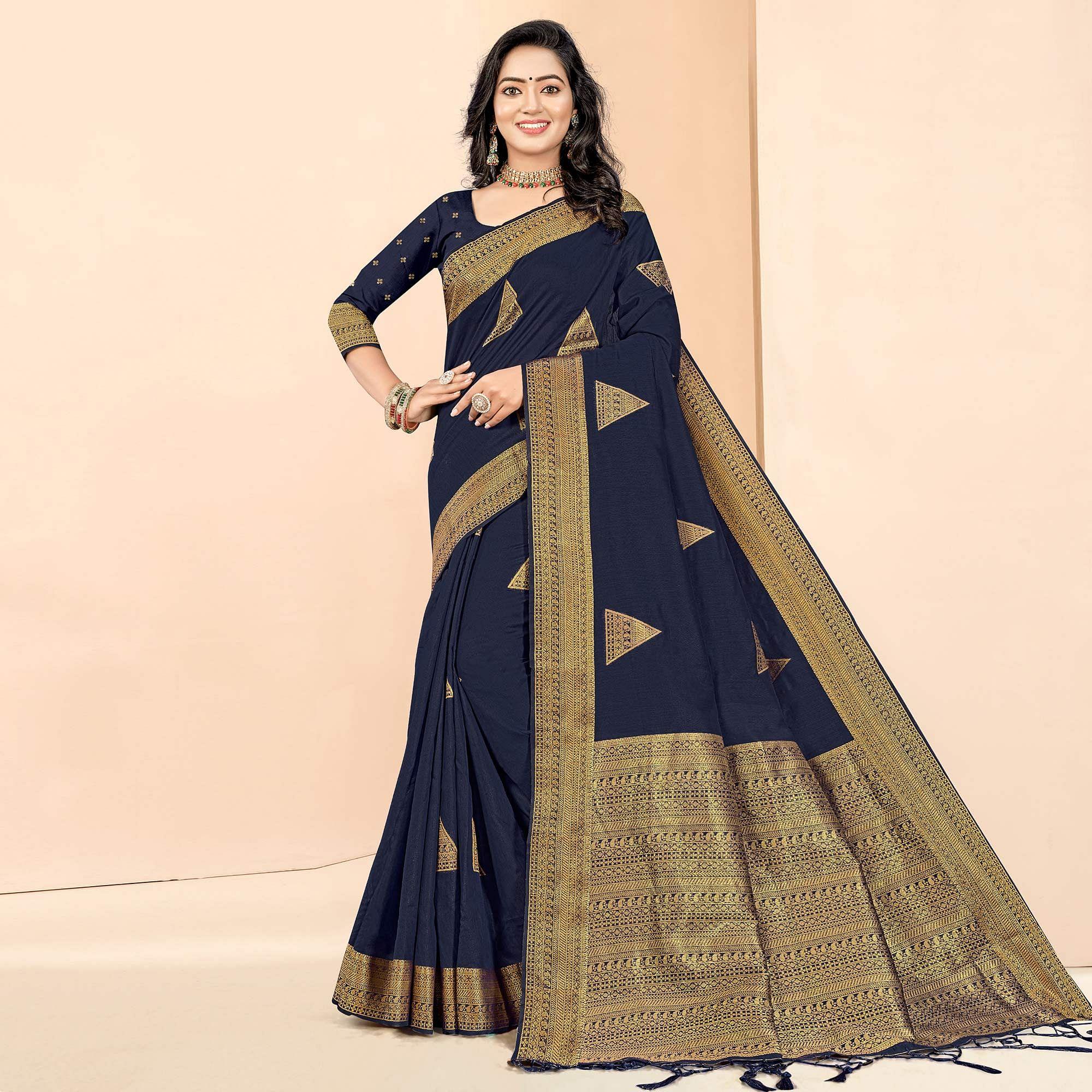 Navy Blue Woven Cotton Silk Saree - Peachmode