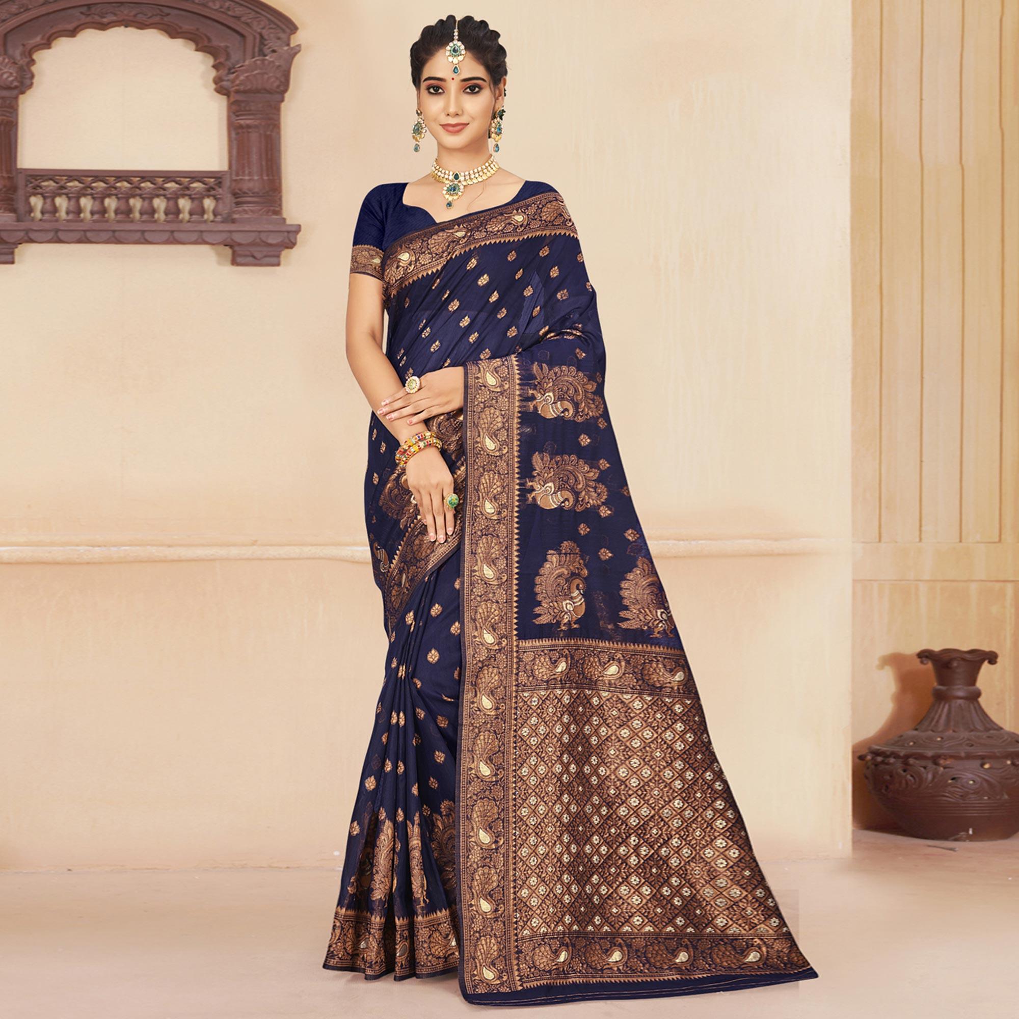 Navy Blue Woven Cotton Silk Saree - Peachmode