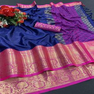 Navy Blue Woven Cotton Silk Saree - Peachmode