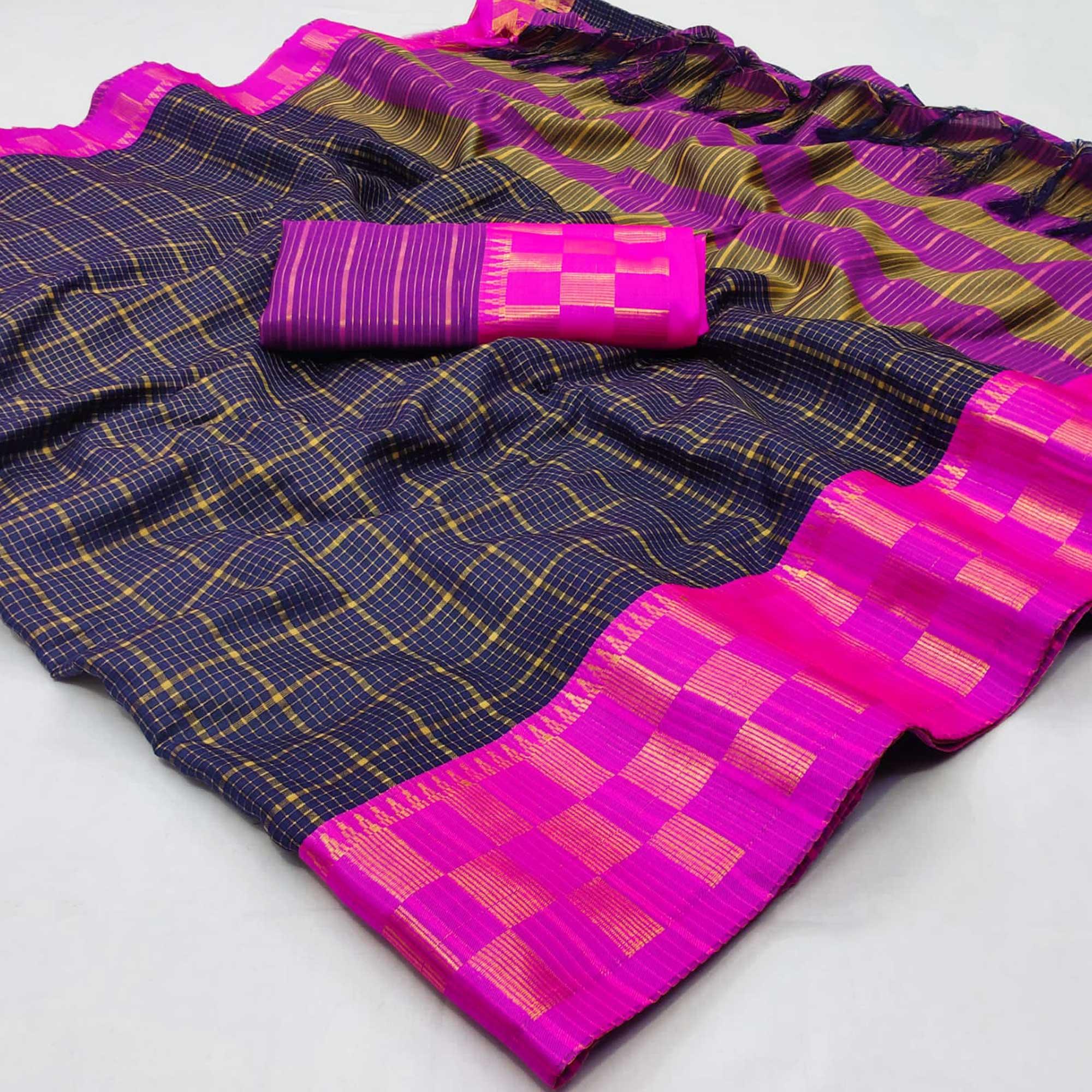 Navy Blue Woven Cotton Silk Saree - Peachmode