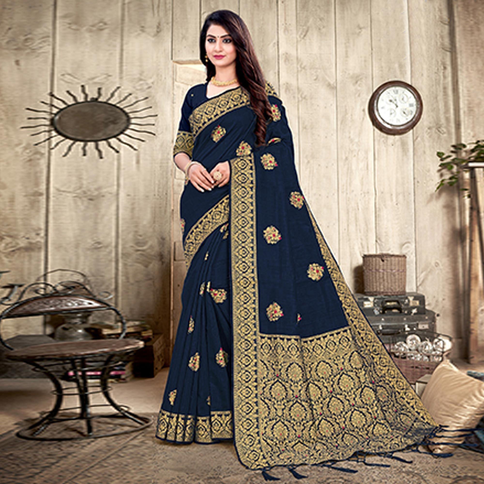 Navy Blue Woven Cotton Silk Saree - Peachmode