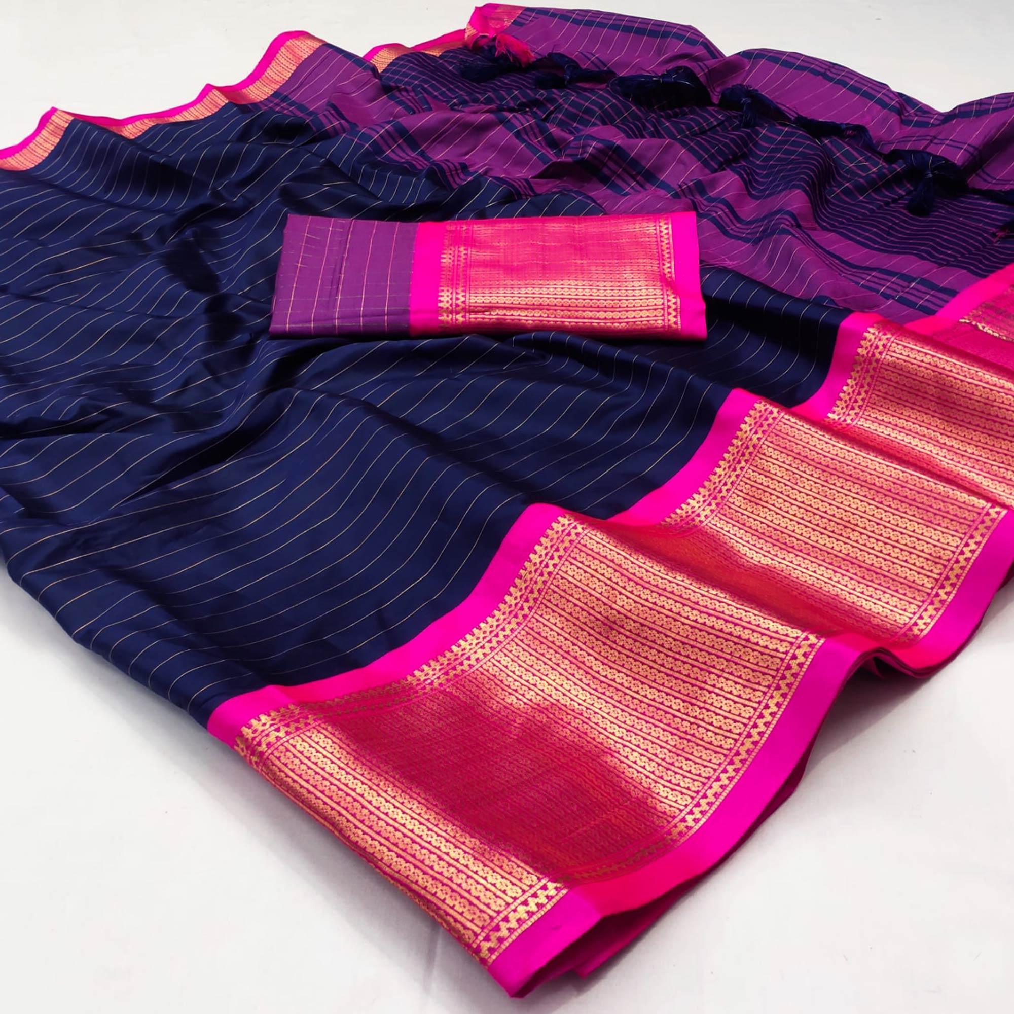 Navy Blue Woven Cotton Silk Saree - Peachmode