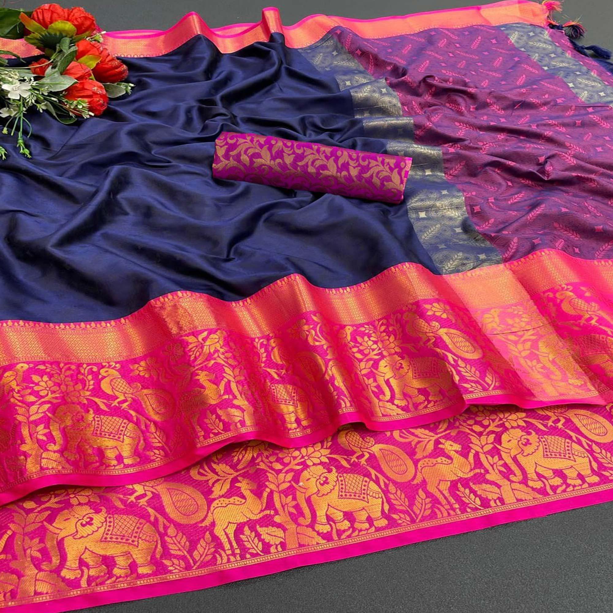 Navy Blue Woven Cotton Silk Saree - Peachmode
