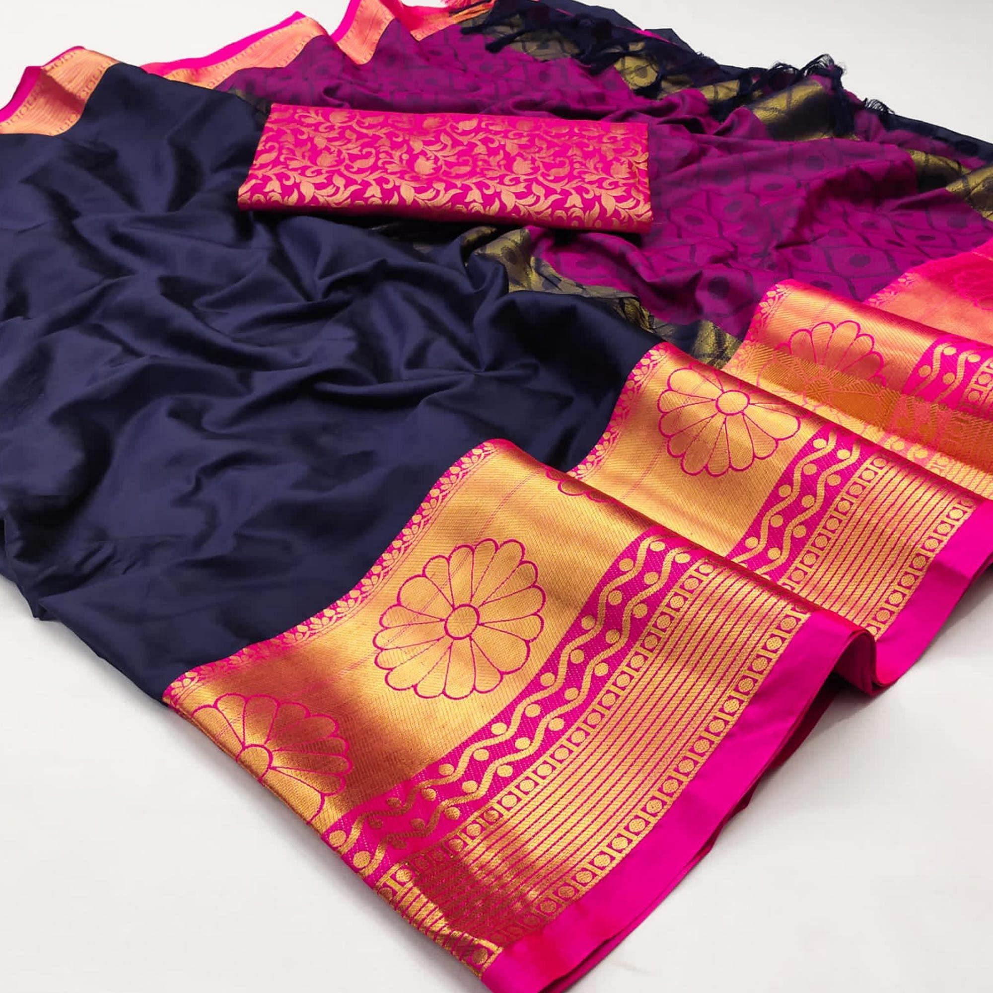 Navy Blue Woven Cotton Silk Saree - Peachmode