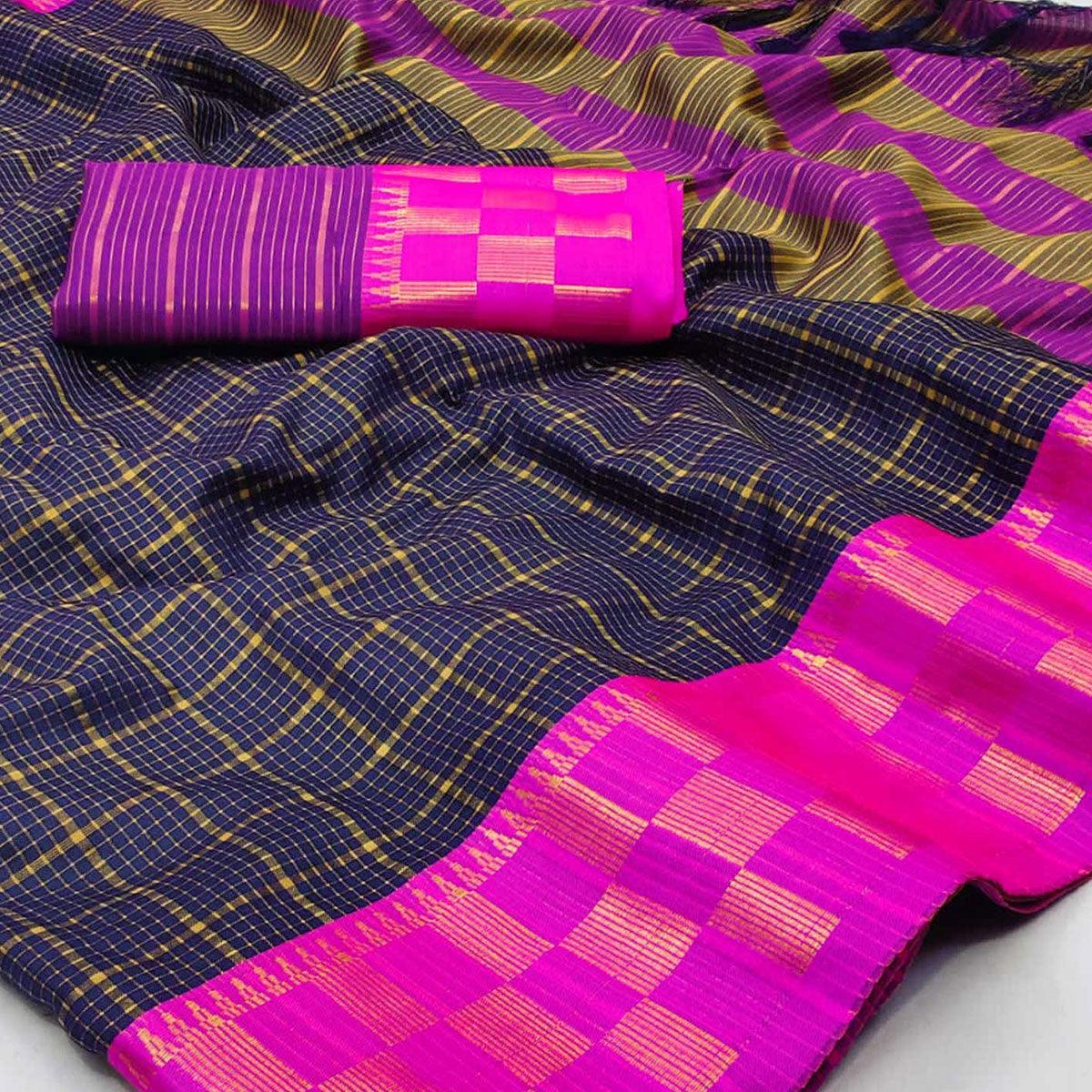 Navy Blue Woven Cotton Silk Saree - Peachmode