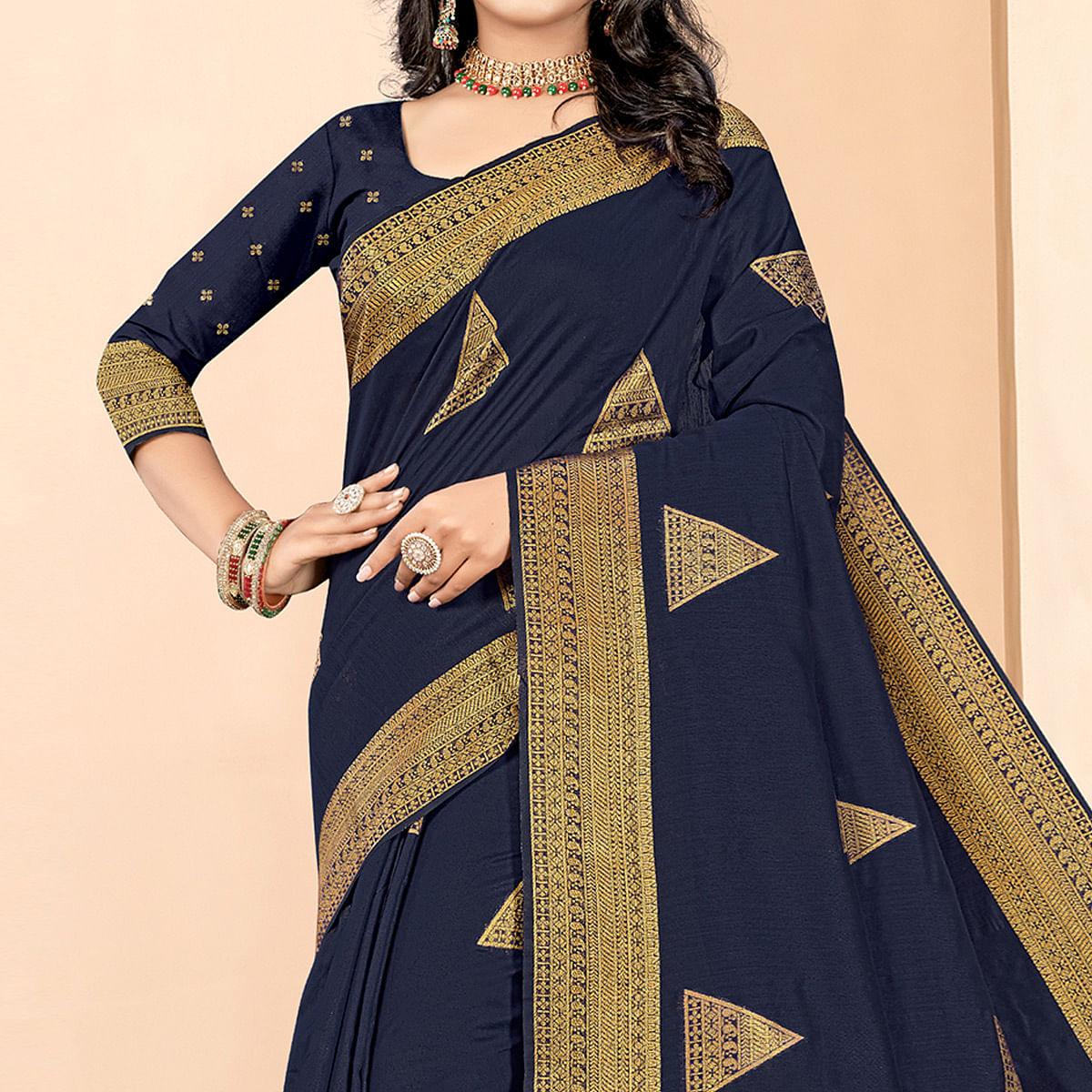 Navy Blue Woven Cotton Silk Saree - Peachmode