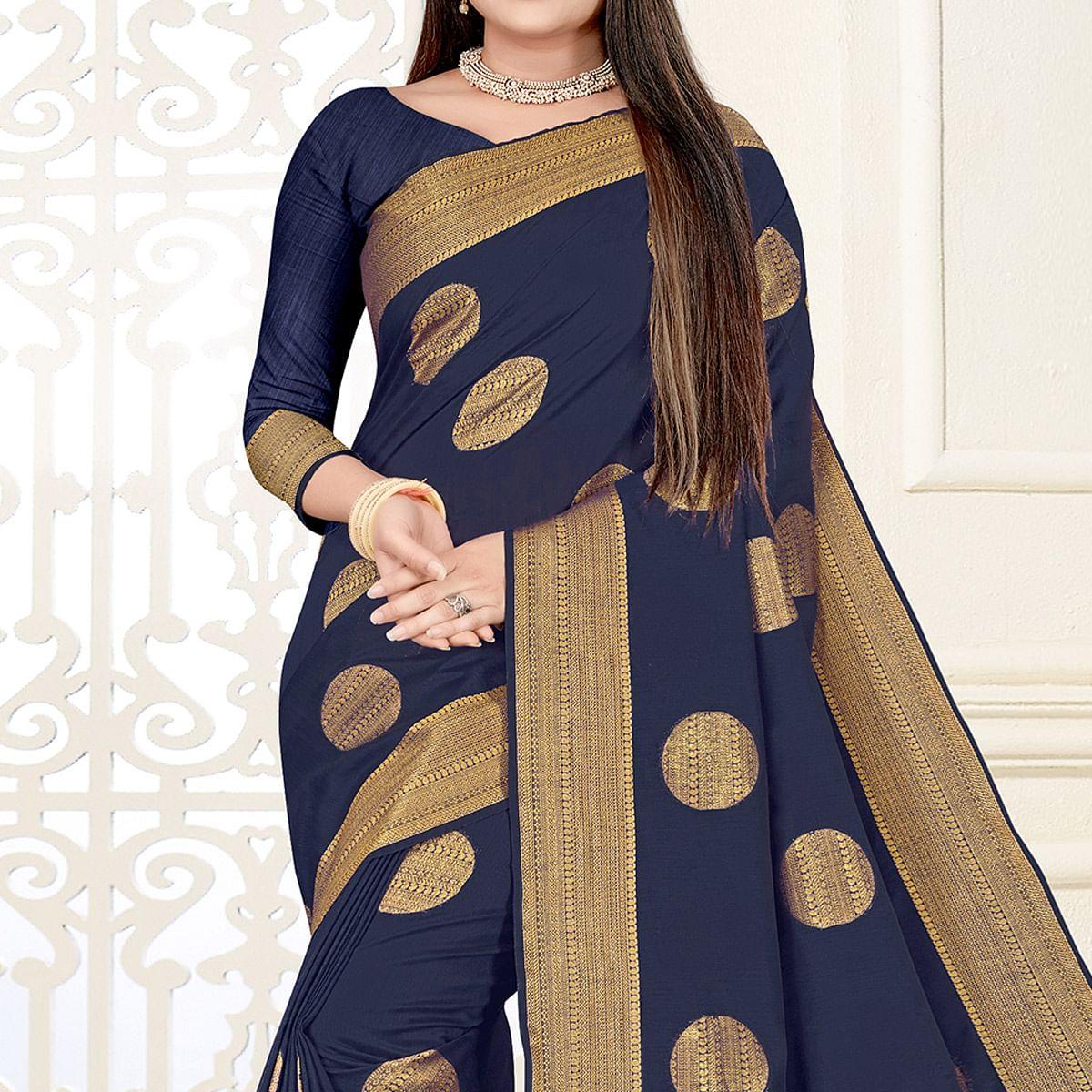 Navy Blue Woven Cotton Silk Saree - Peachmode