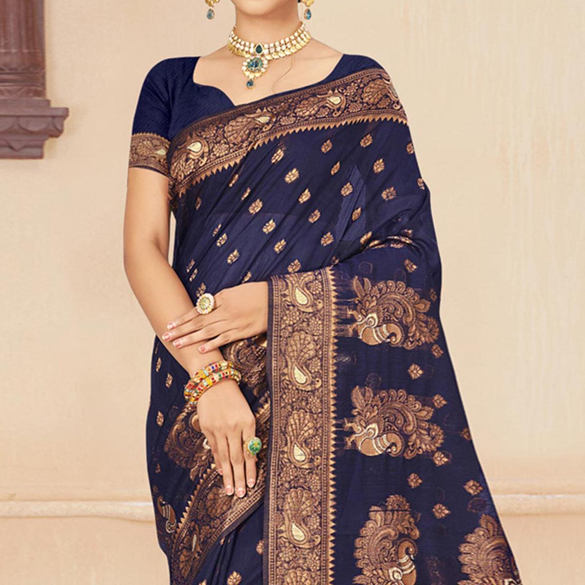 Navy Blue Woven Cotton Silk Saree - Peachmode