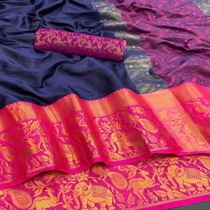 Navy Blue Woven Cotton Silk Saree - Peachmode