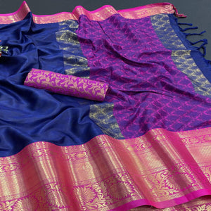 Navy Blue Woven Cotton Silk Saree - Peachmode
